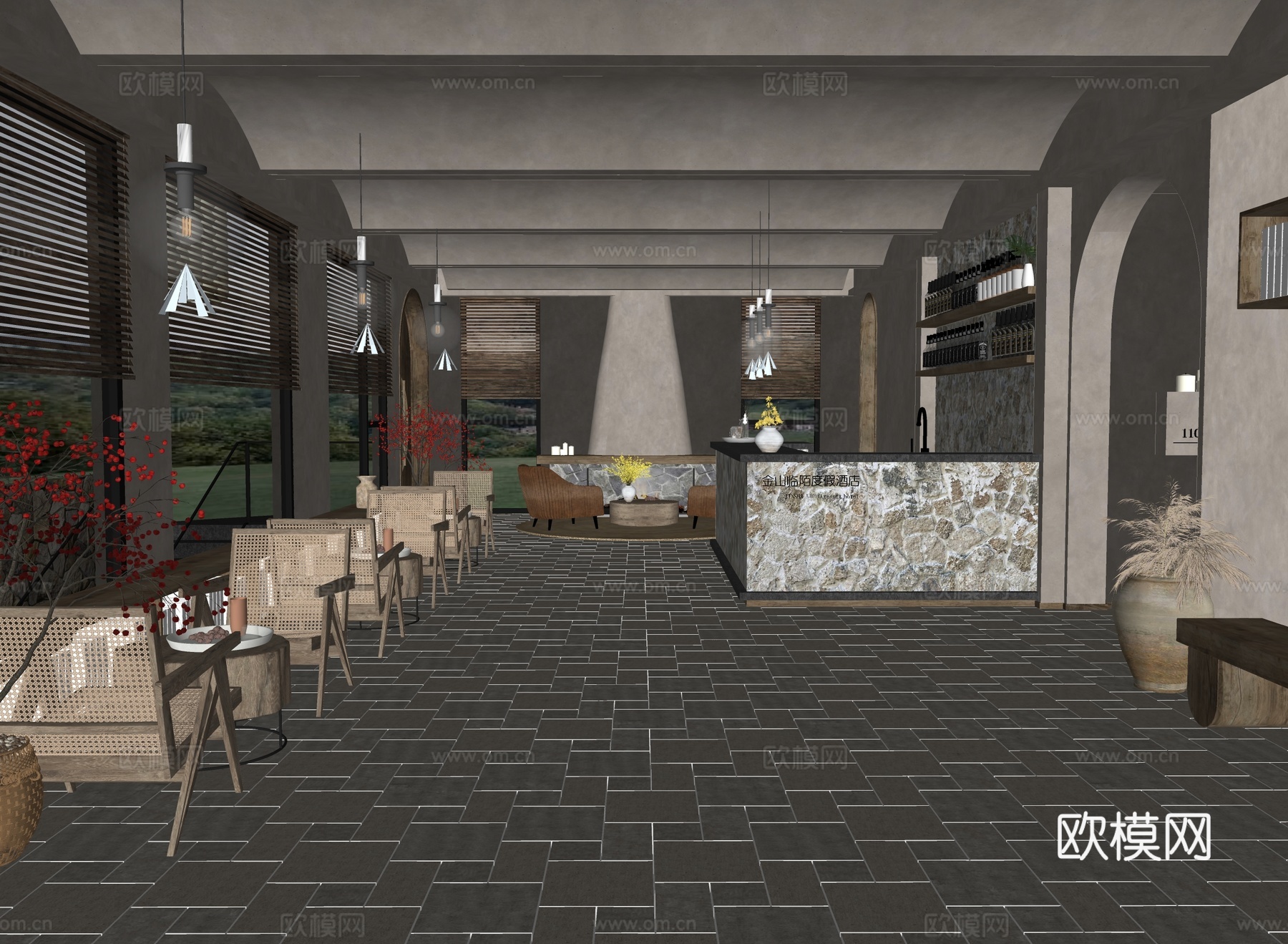 侘寂民宿前台 大堂 休闲桌椅组合su模型