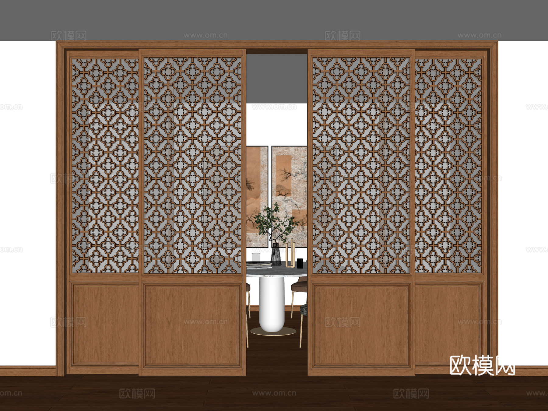 新中式玻璃推拉门 厨房雕花推拉门 实木推拉门 室内隔断推拉门su模型