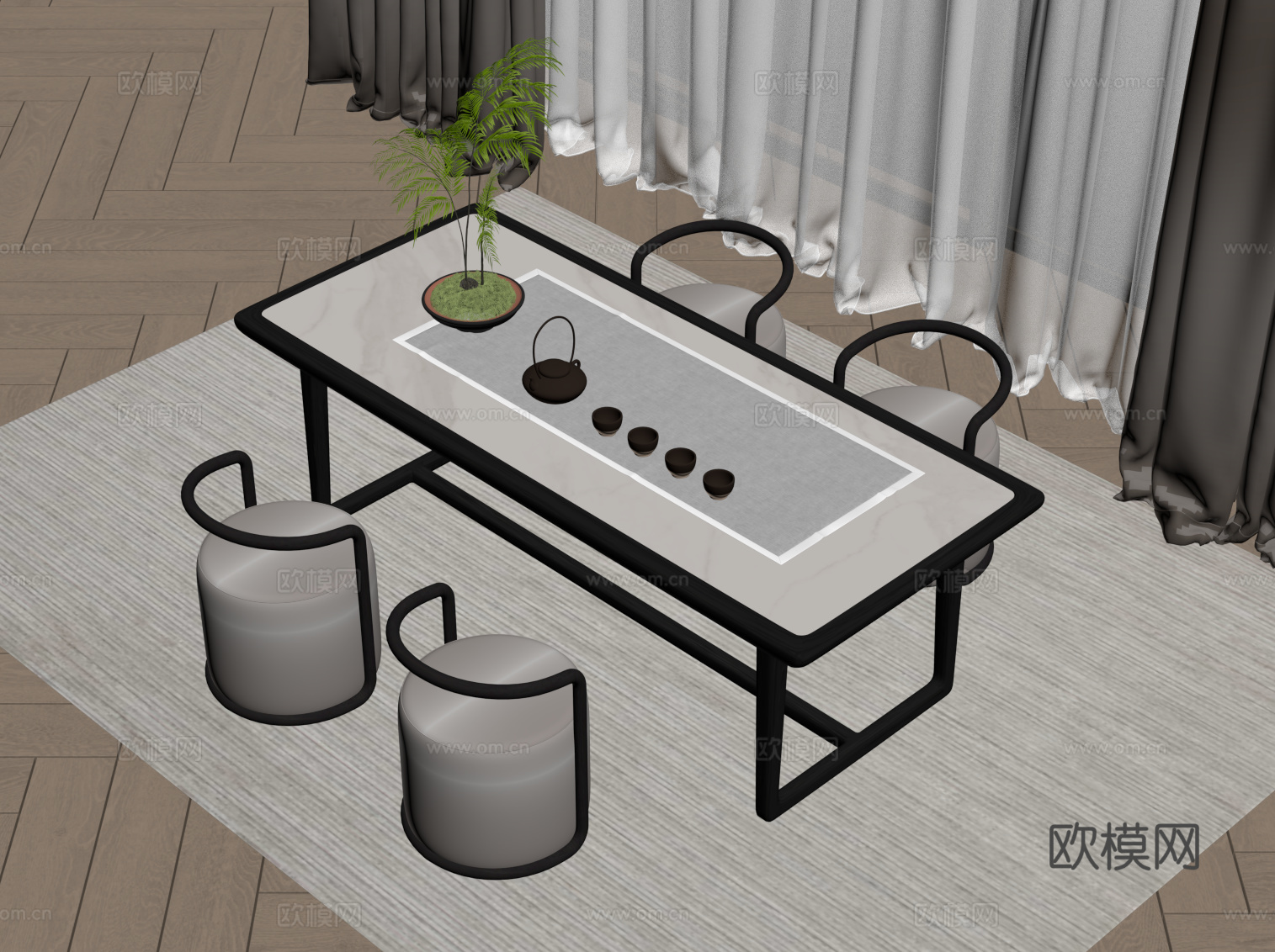 新中式茶桌椅su模型