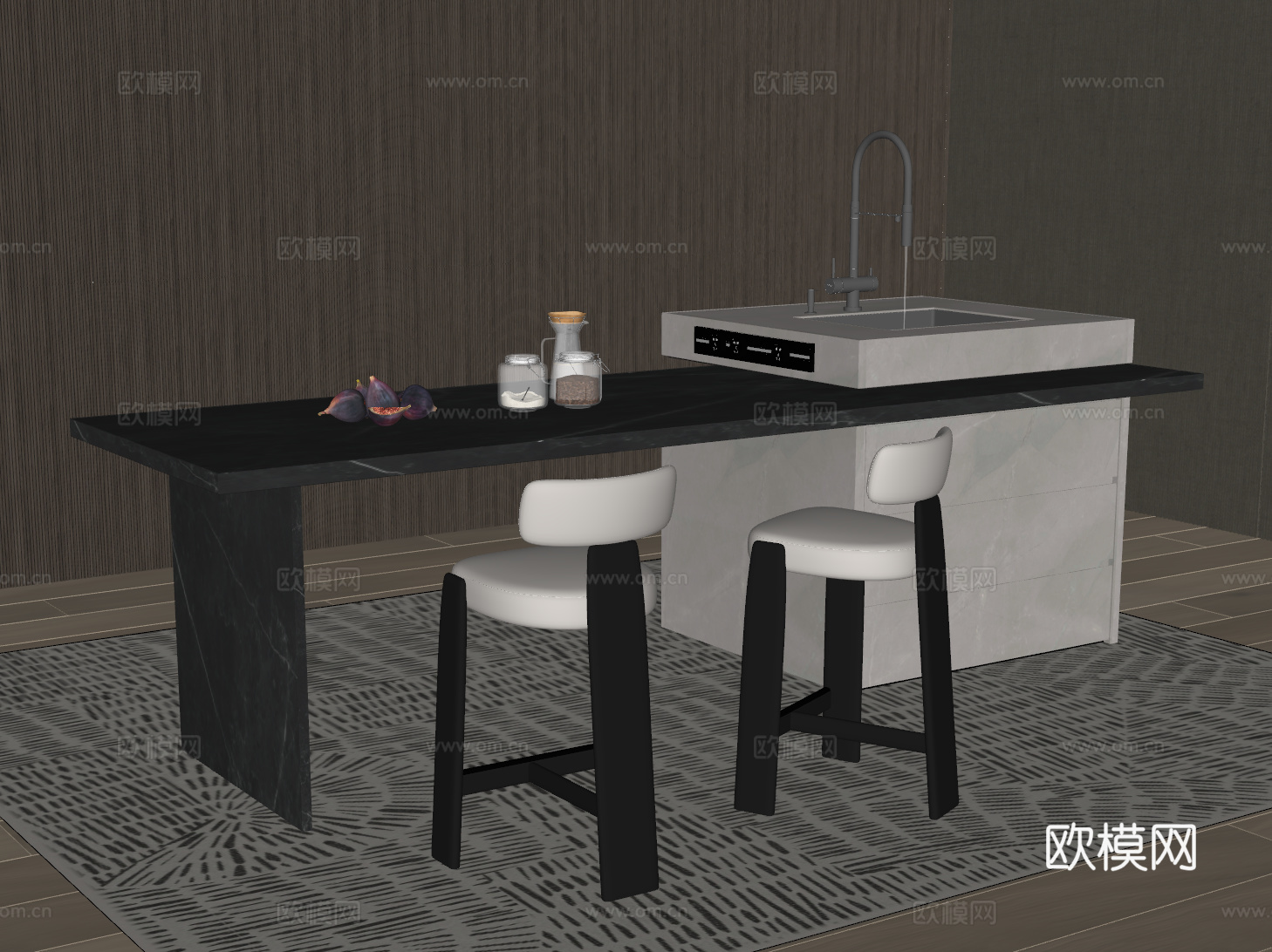 大理石水吧台 中岛餐桌 休闲吧椅 实木餐边柜su模型