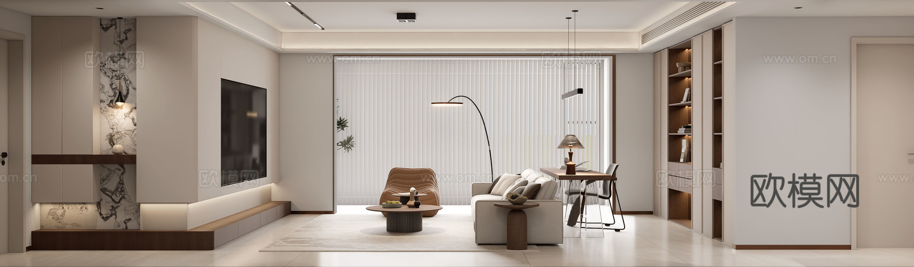 现代意式、极简、客厅、客餐厅、餐厅、开放式厨房su模型