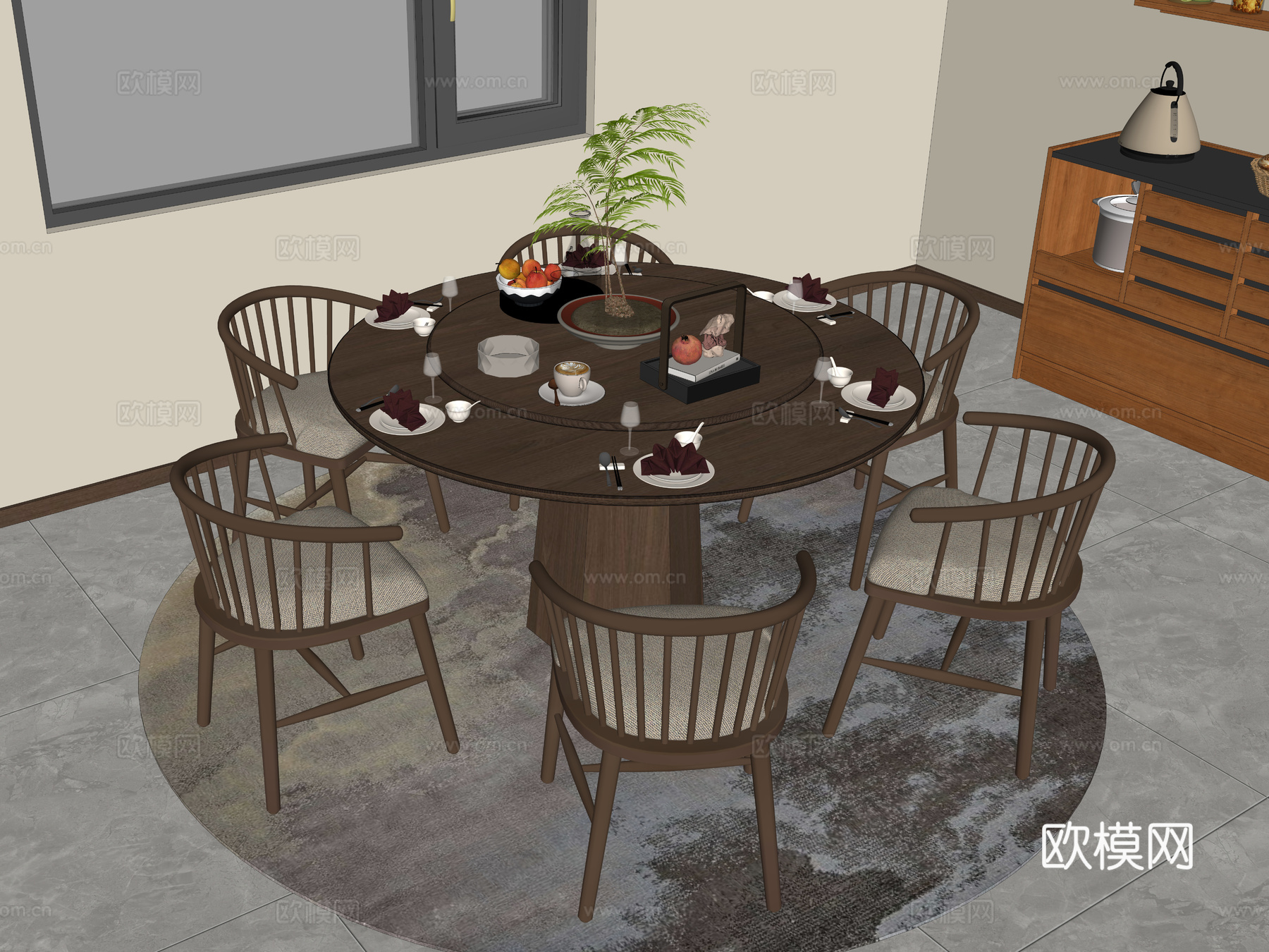 新中式原木餐桌椅 实木圆餐桌椅组合 六人位餐桌椅 原木风餐边su模型