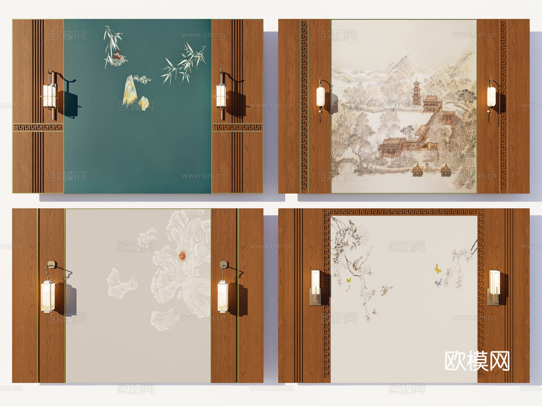 新中式卧室背景墙 客厅电视背景墙 木饰面背景墙 中式原木护墙su模型