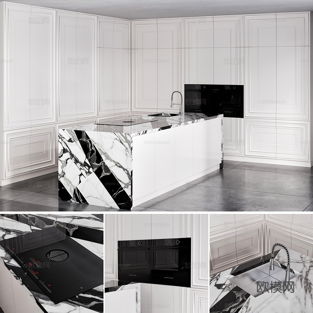 现代意式轻奢橱柜 岛台3d模型下载（渲染图1）