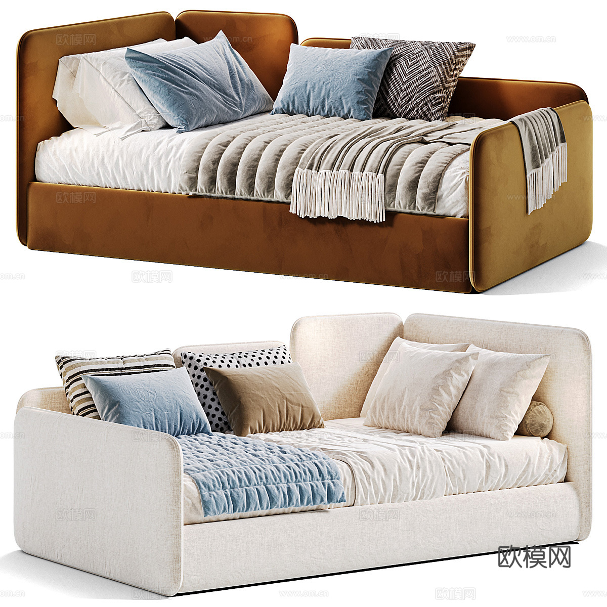 奶油风儿童布艺沙发床3d模型下载（渲染图1）