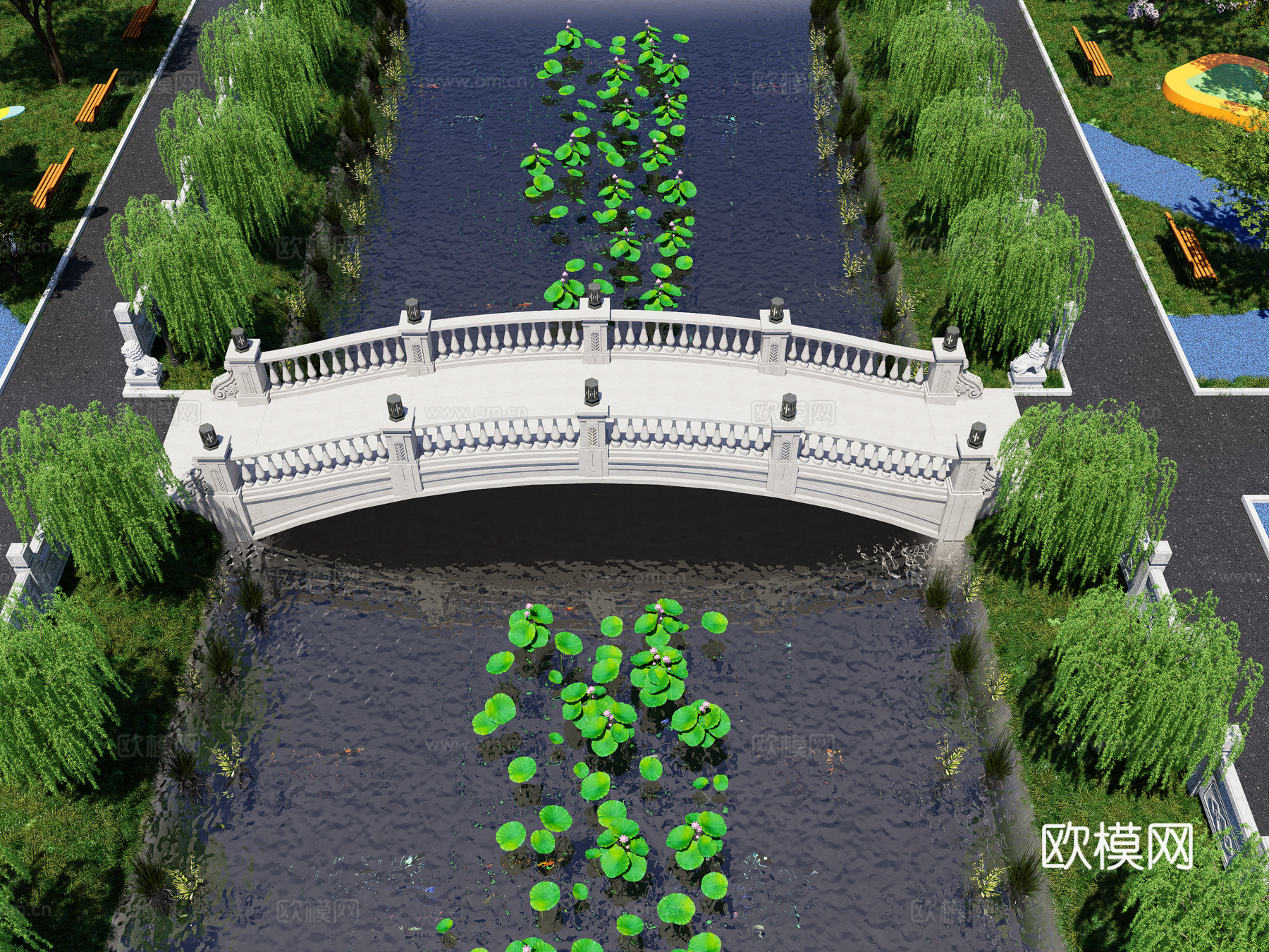 现代公园石拱桥 公园景观桥 公园滨江河道景观桥 公园滨江景观su模型