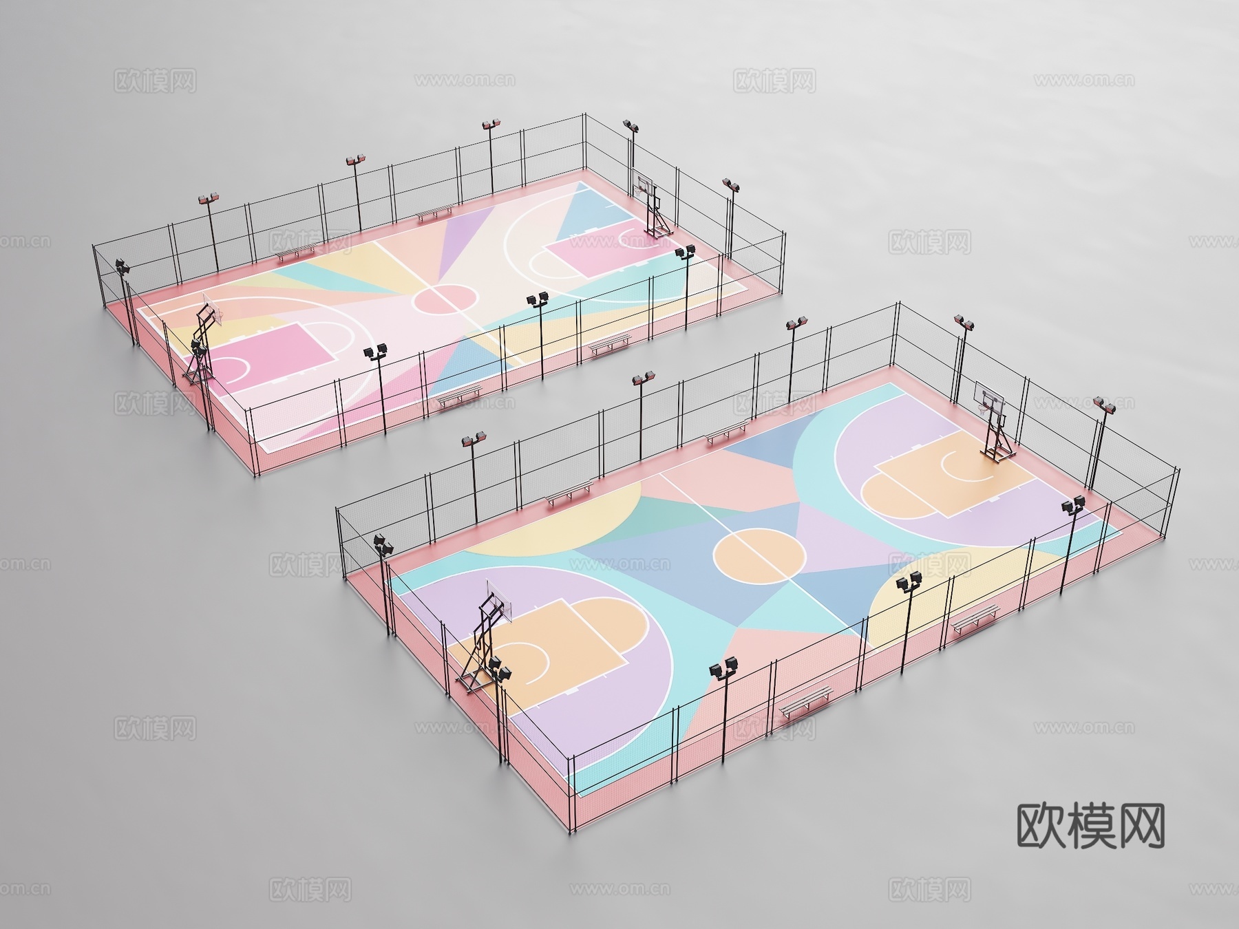 现代户外球场 篮球场 运动场地 半场篮球场 球场灯 铁围 铁3d模型下载