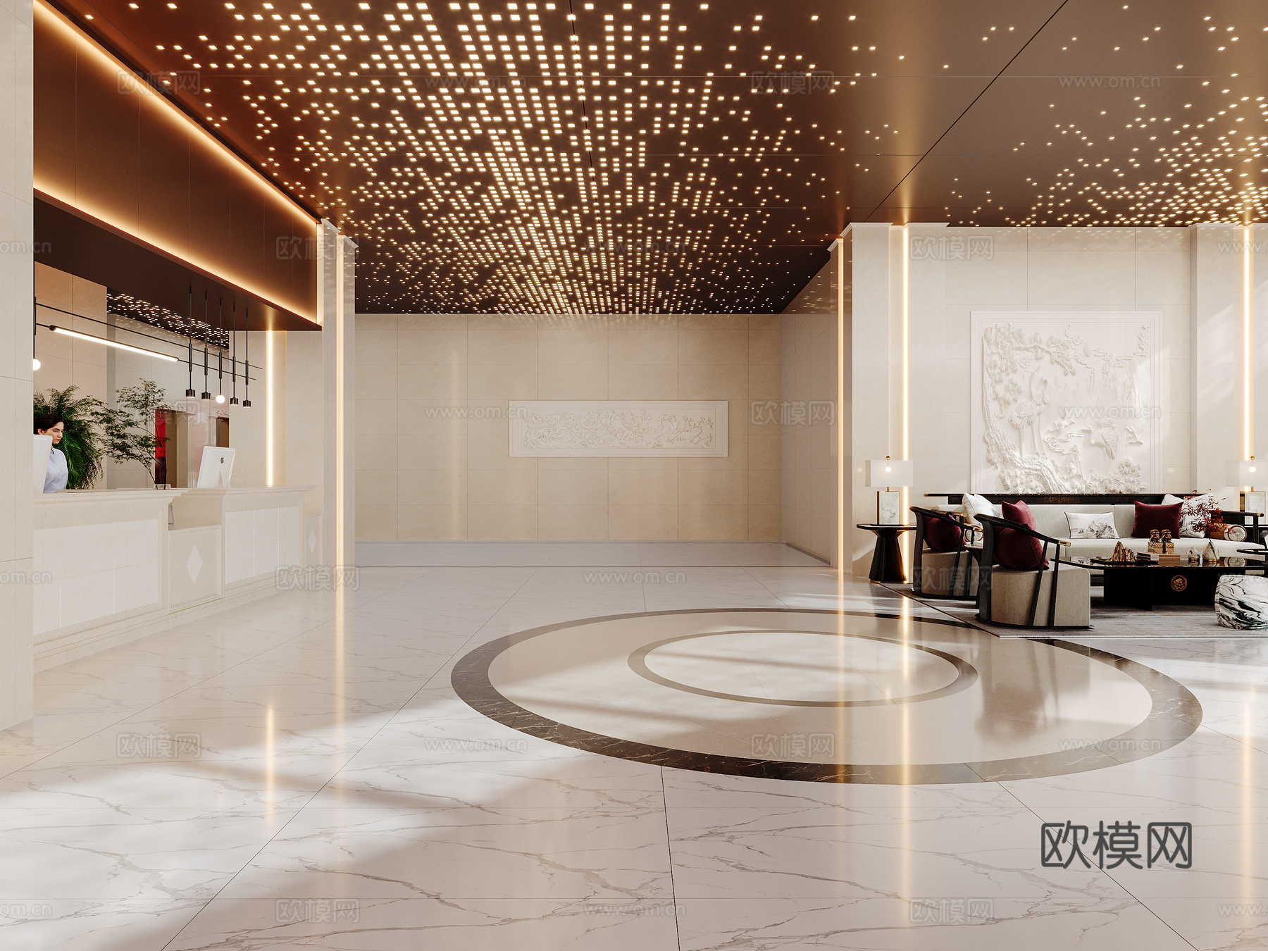 现代轻奢酒店大堂前台电梯厅su模型