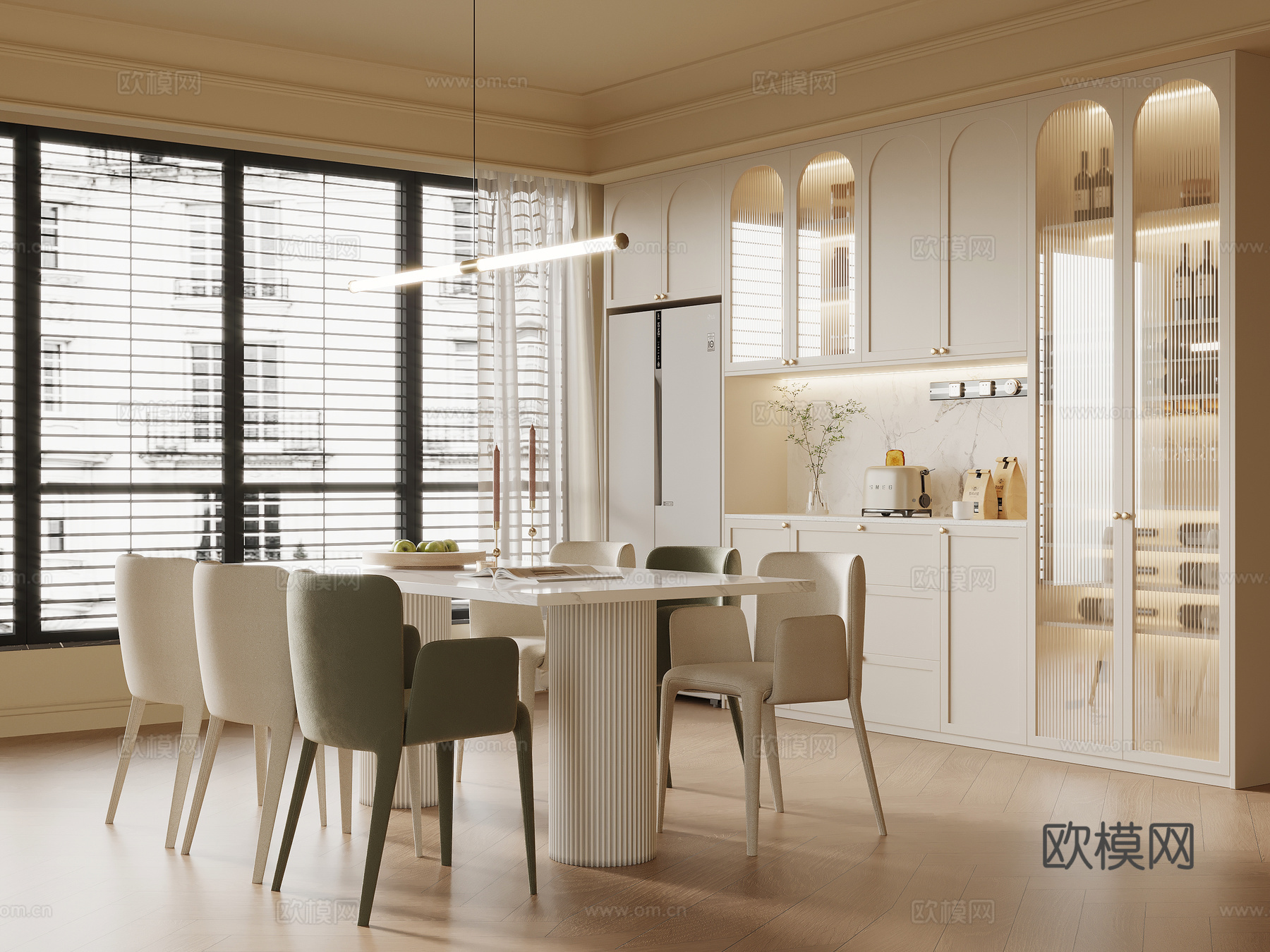 法式奶油风餐厅 酒柜 餐边柜 餐桌椅su模型