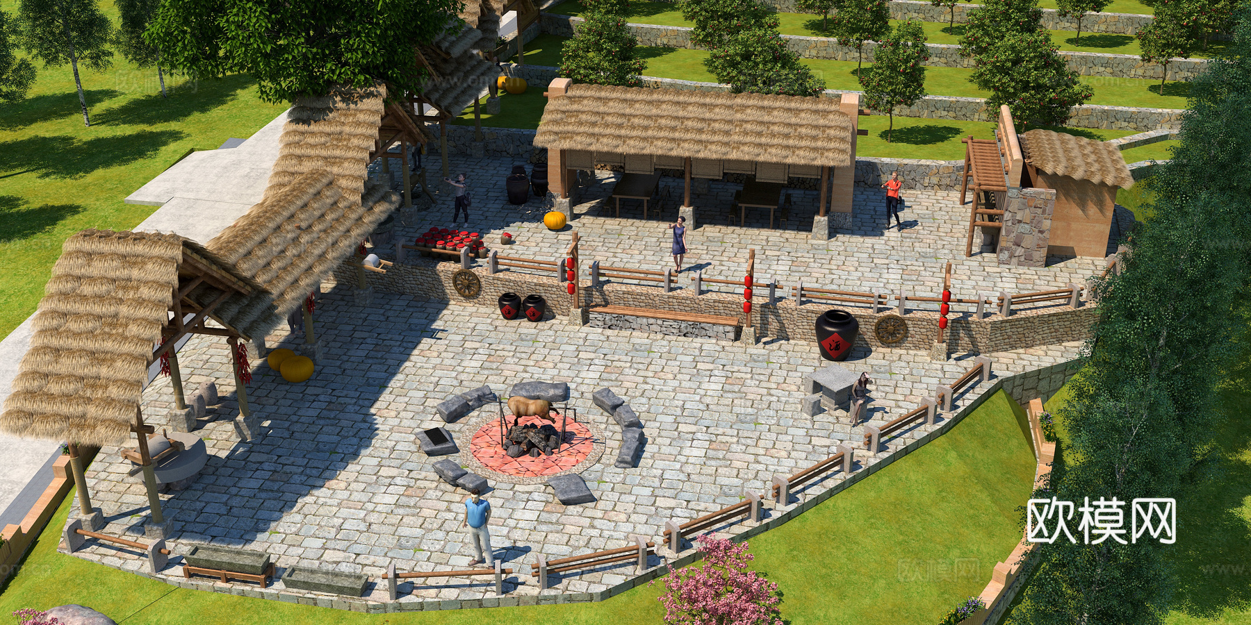 农家乐 民宿 小院 烧烤 连廊 休息厅 茅草亭 花墙 民俗3d模型下载（渲染图2）