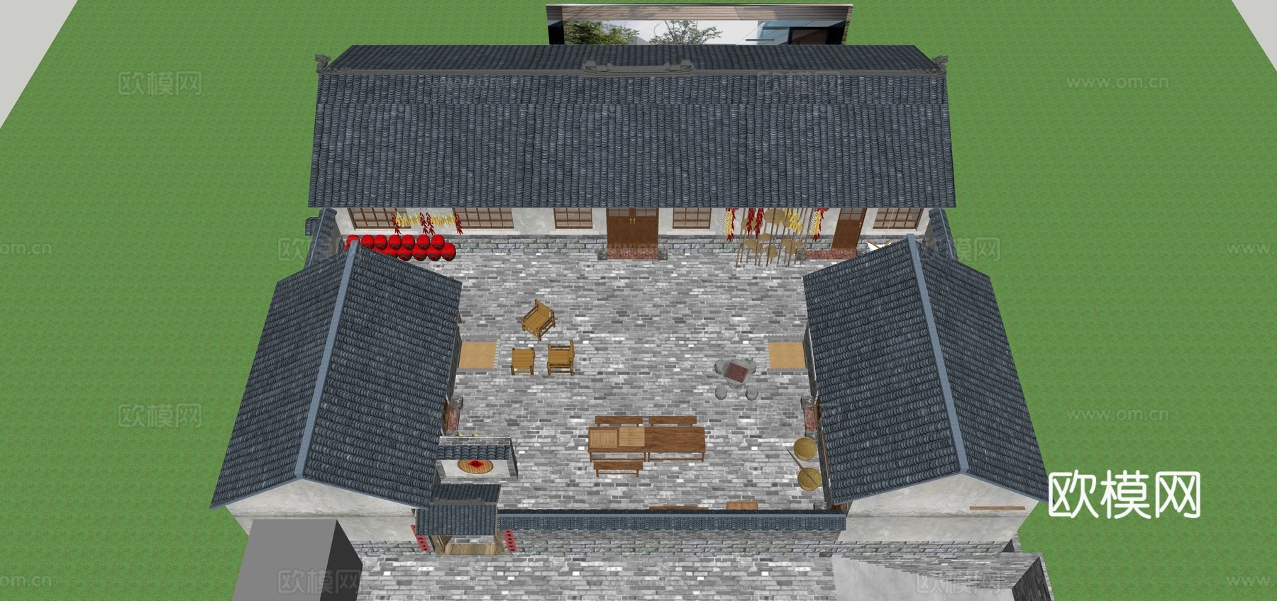 农村老院乡村别墅瓦片房su模型
