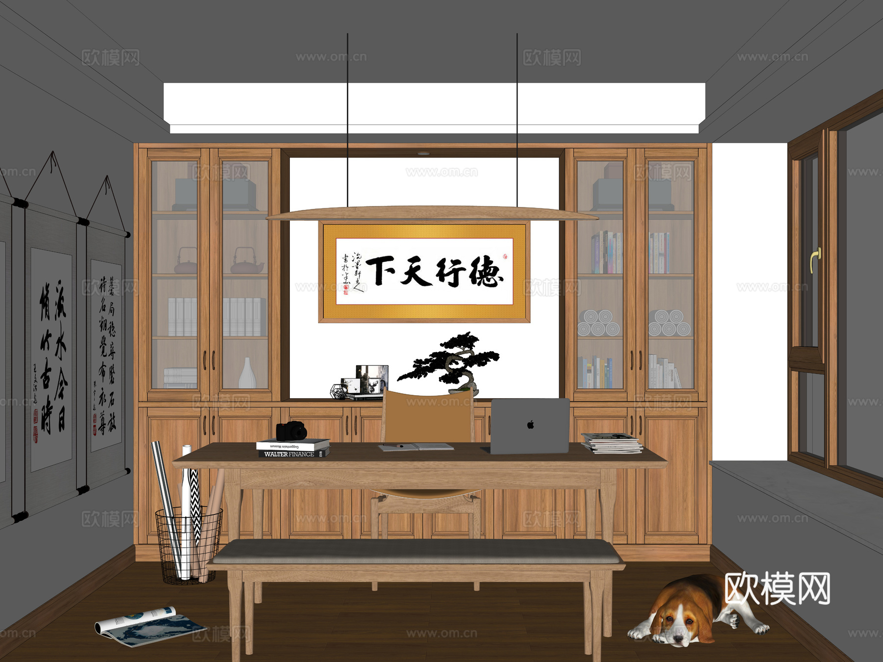 新中式家居书房 原木风书柜书房 新中式书柜 装饰柜摆件组合su模型