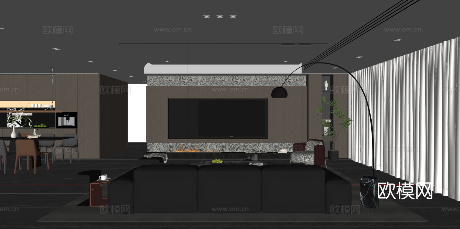 现代意式客餐厅 沙发茶几 餐桌椅 电视背景墙 餐边柜su模型