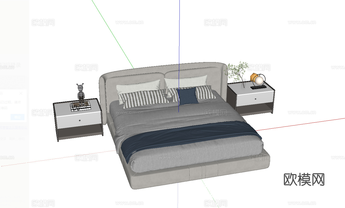 现代双人床_床头柜_植物_雕塑摆件su模型