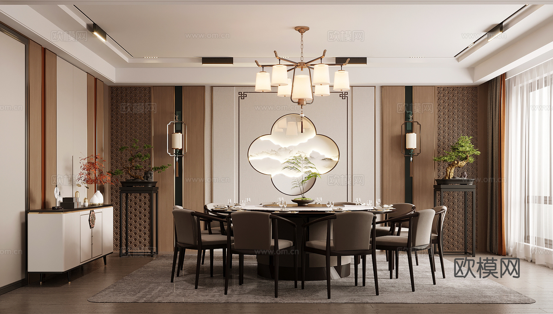 新中式餐厅包厢 酒店包间su模型