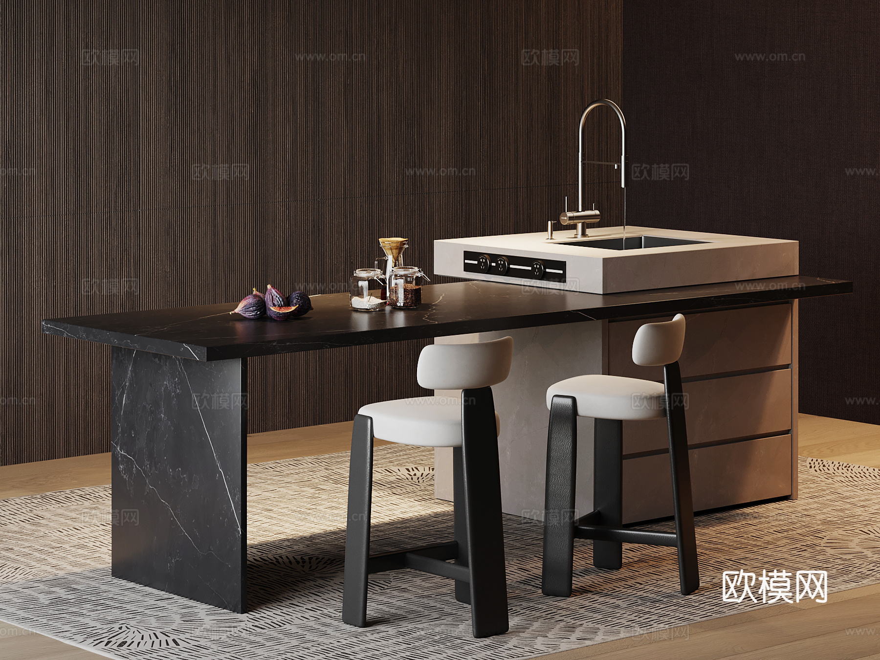 大理石水吧台 中岛餐桌 休闲吧椅 实木餐边柜su模型