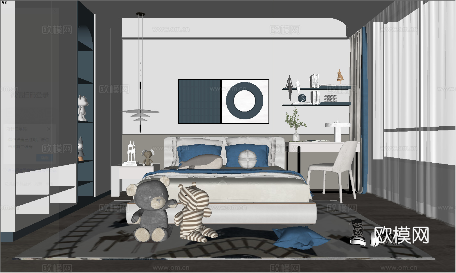 现代儿童房_男孩房_小孩房_儿童床_床头柜_书桌椅组合_床头su模型