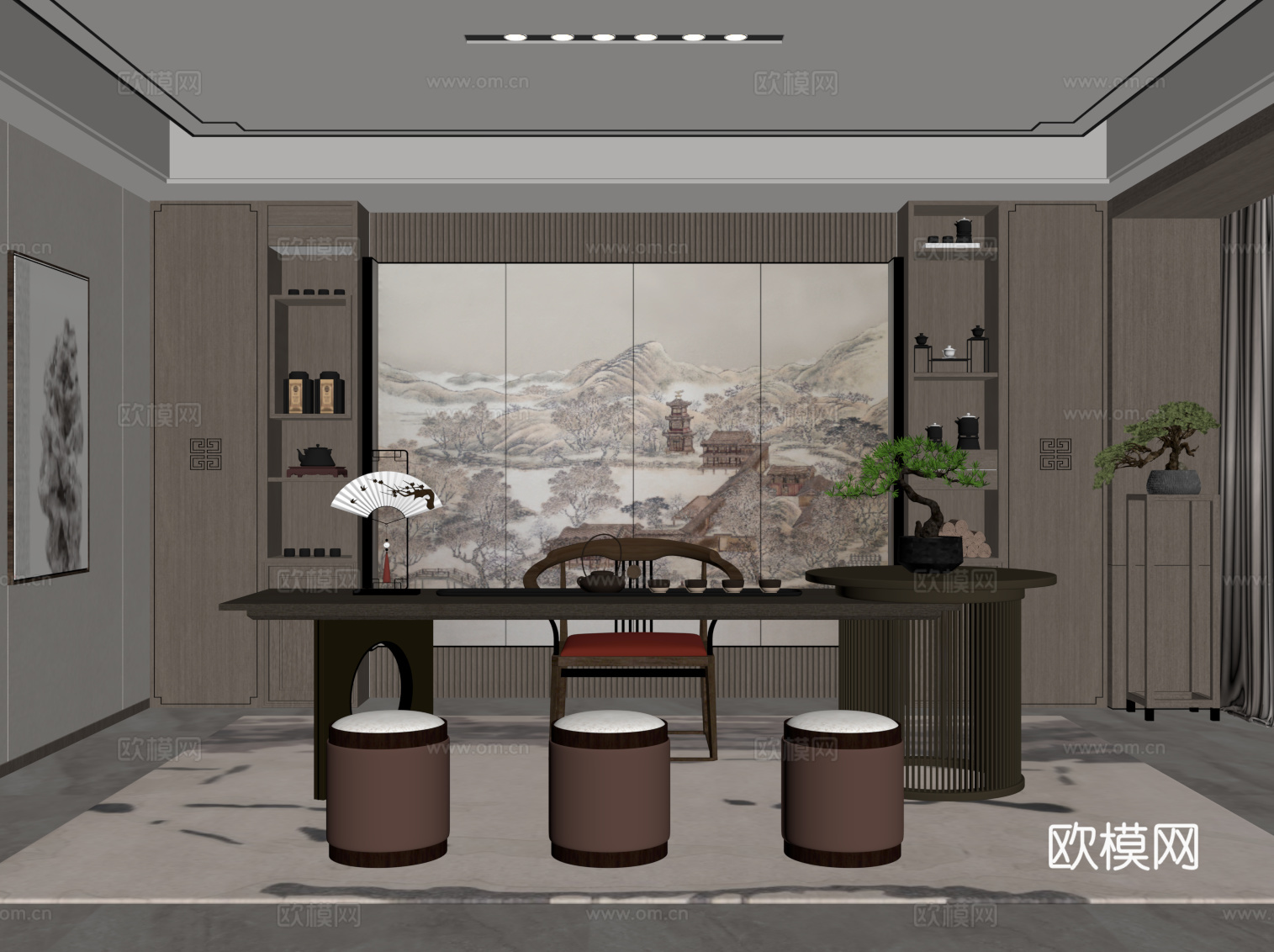 新中式茶室 茶桌椅 书柜su模型