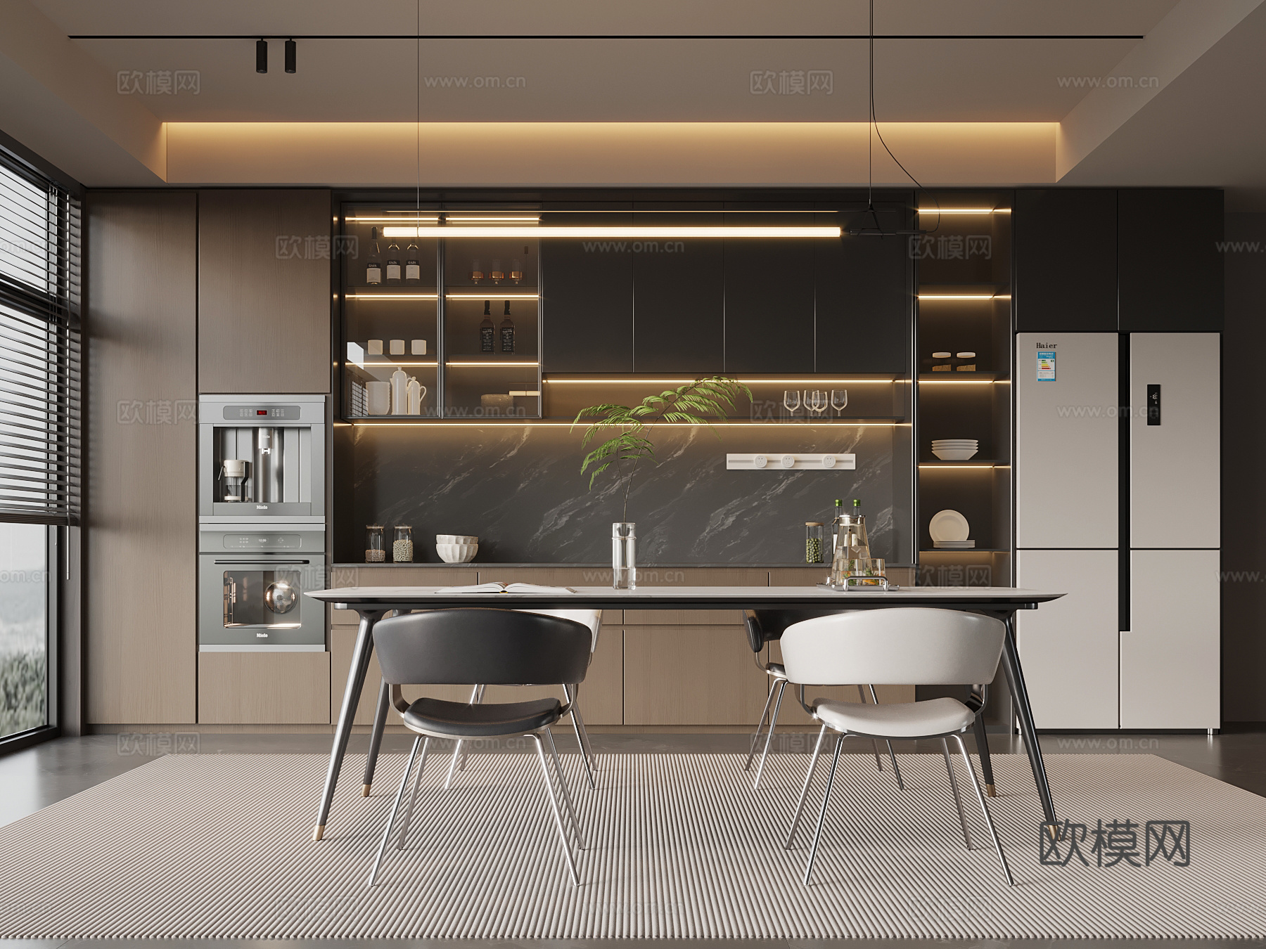 现代意式餐厅 餐桌椅 餐边柜 酒柜su模型