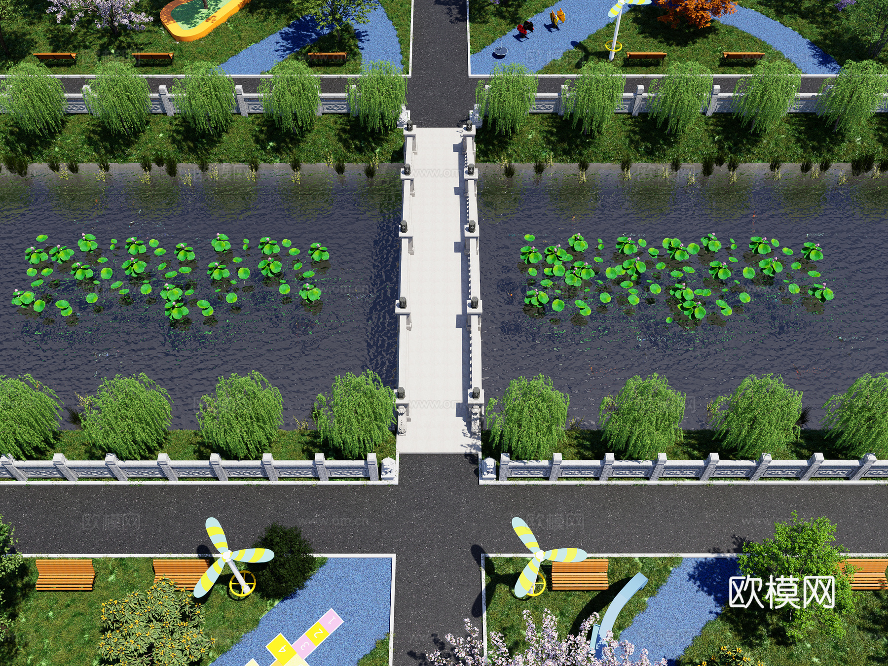 现代公园石拱桥 公园景观桥 公园滨江河道景观桥 公园滨江景观su模型