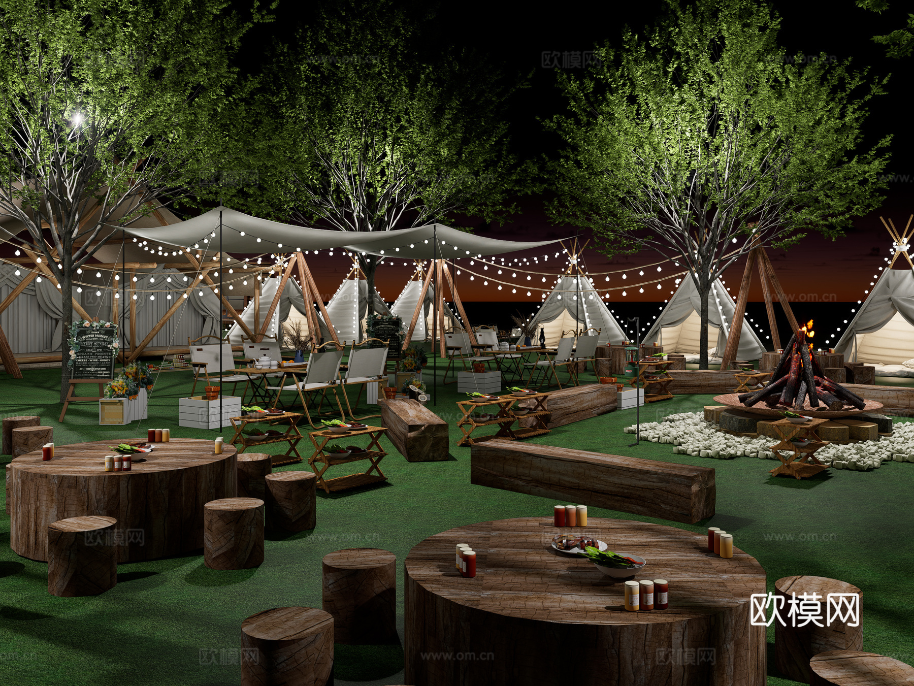 现代露营公园景观 户外露营帐篷 天幕帐篷 露营基地规划 草坪su模型