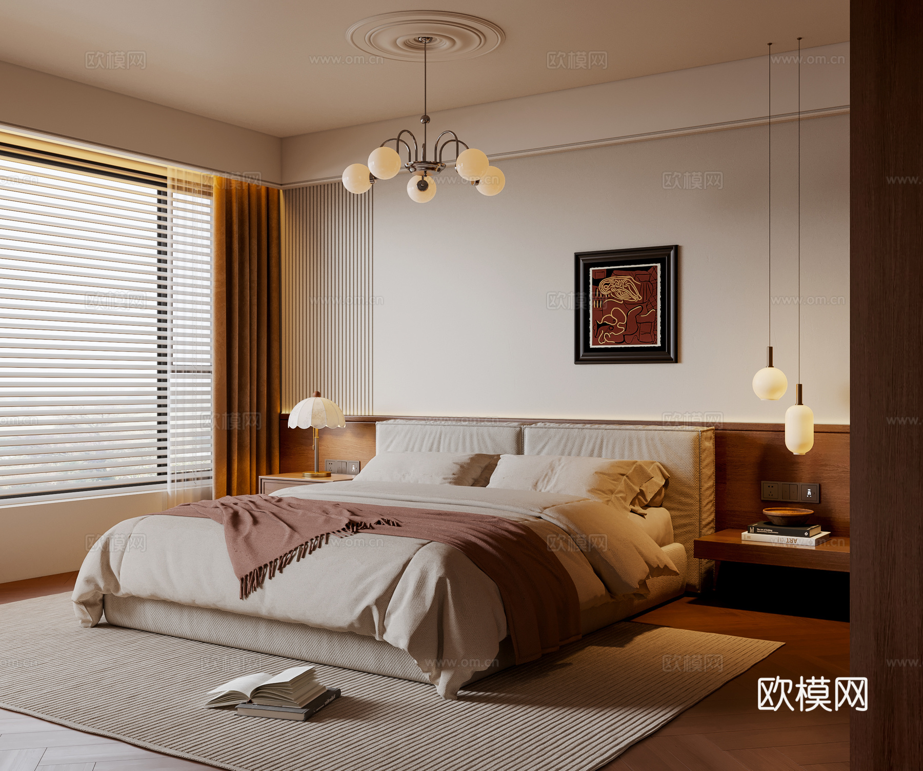 中古风卧室 布艺双人床 床头柜 吊灯 挂画 地毯su模型