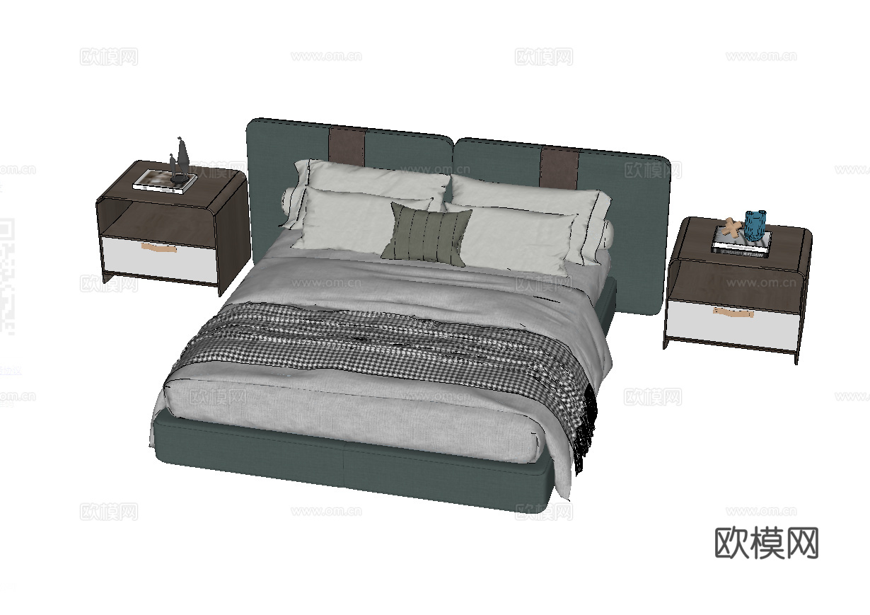 现代双人床_床头柜_植物_雕塑摆件su模型