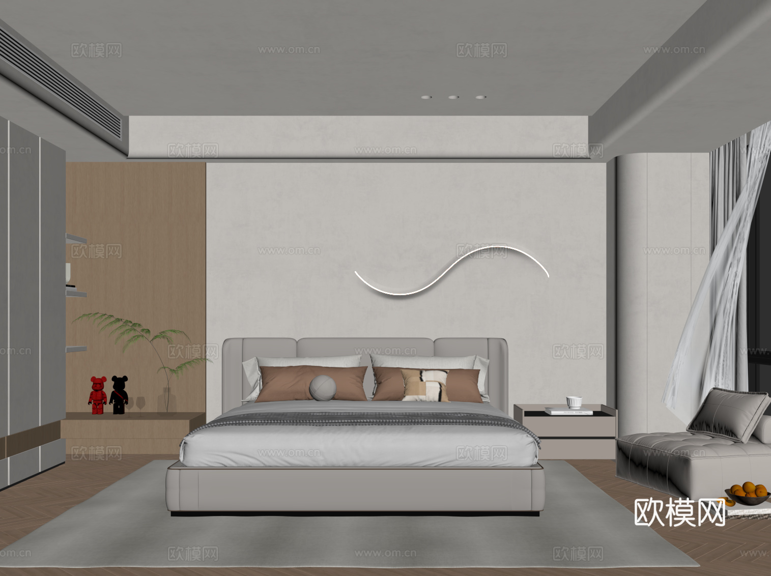 现代简约卧室 双人床 衣柜su模型