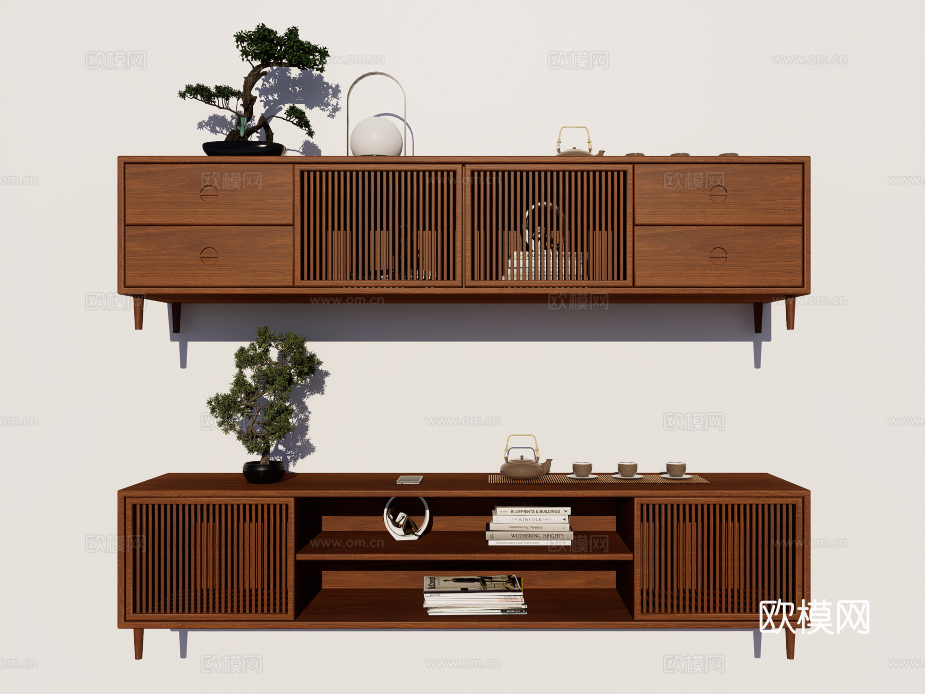 新中式客厅电视柜 电视柜组合 实木电视柜 成品电视柜su模型