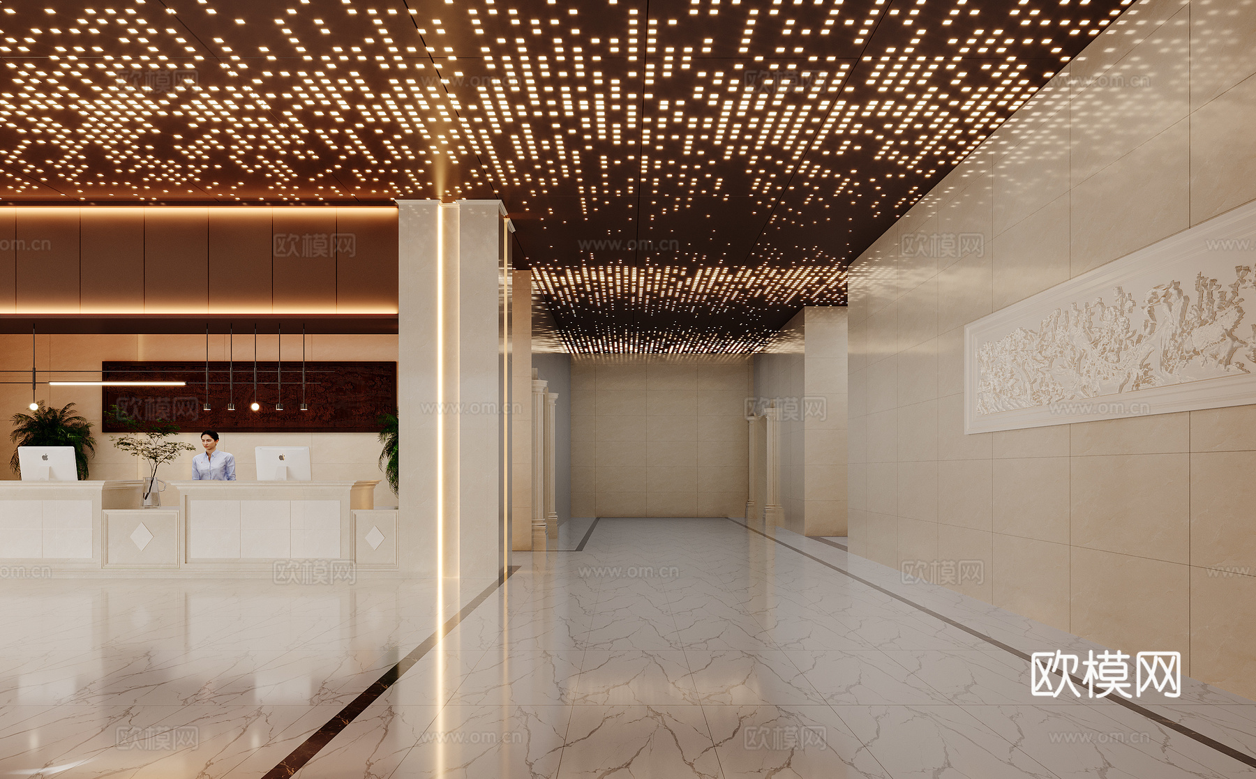 现代轻奢酒店大堂前台电梯厅su模型