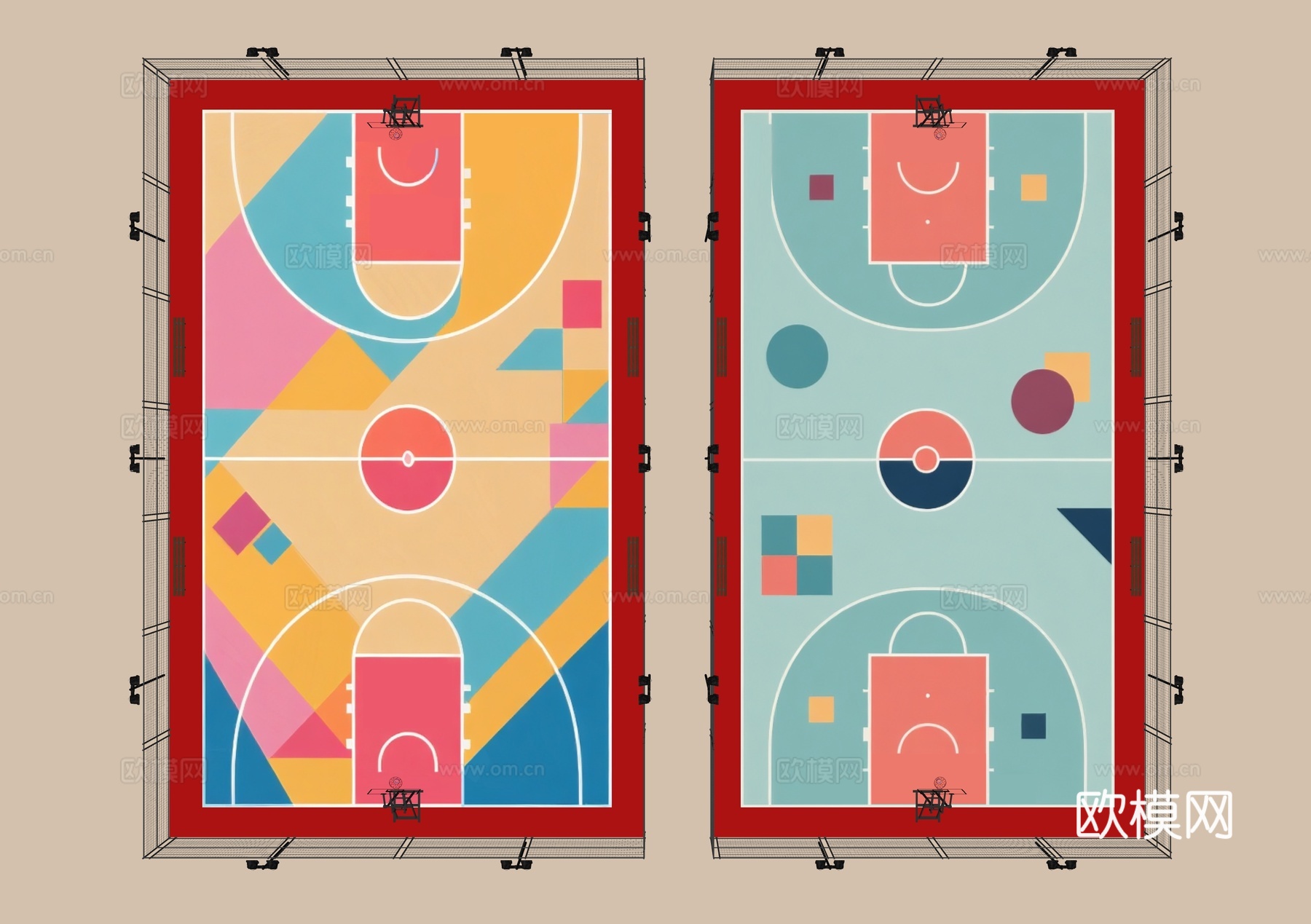 现代户外球场 篮球场 运动场地 半场篮球场 球场灯 铁围 铁su模型