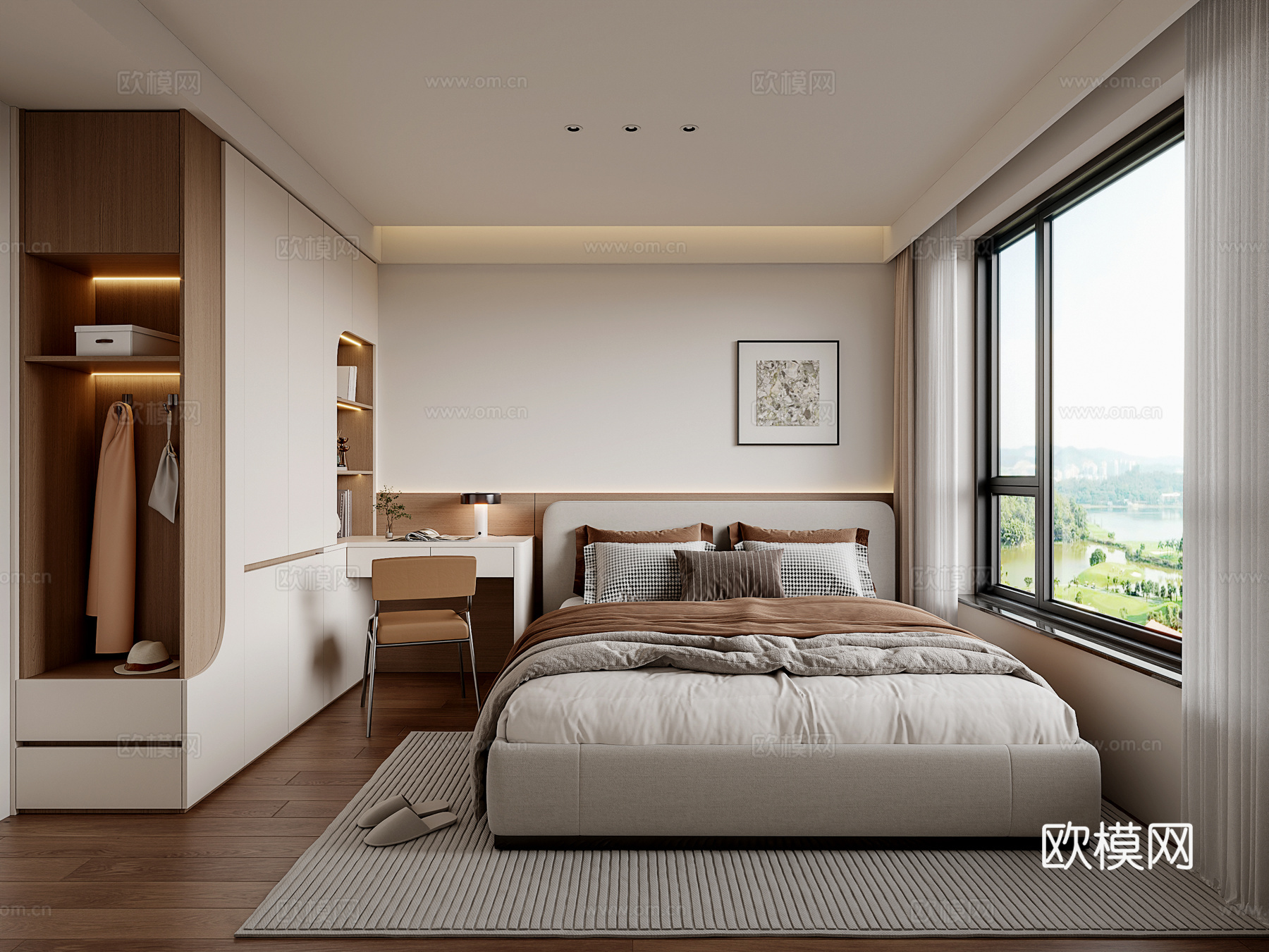 现代家居卧室 卧室衣柜 衣柜书桌一体 床头背景墙 卧室双人床su模型