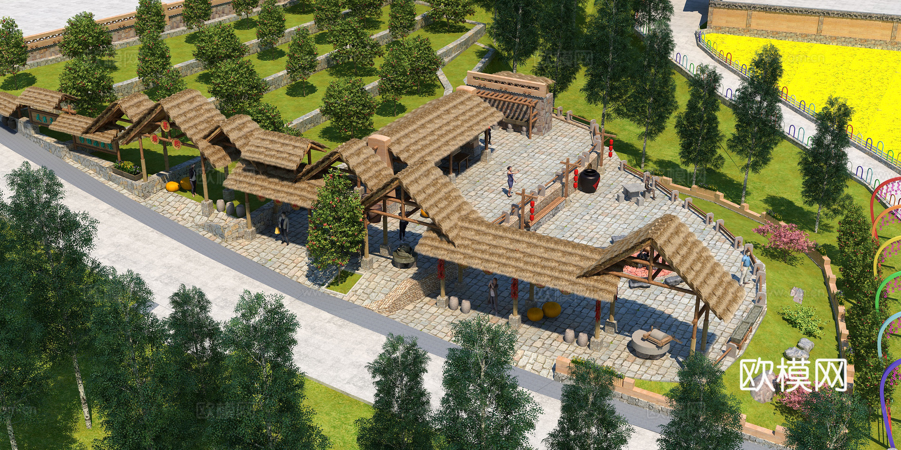 农家乐 民宿 小院 烧烤 连廊 休息厅 茅草亭 花墙 民俗3d模型下载（渲染图3）