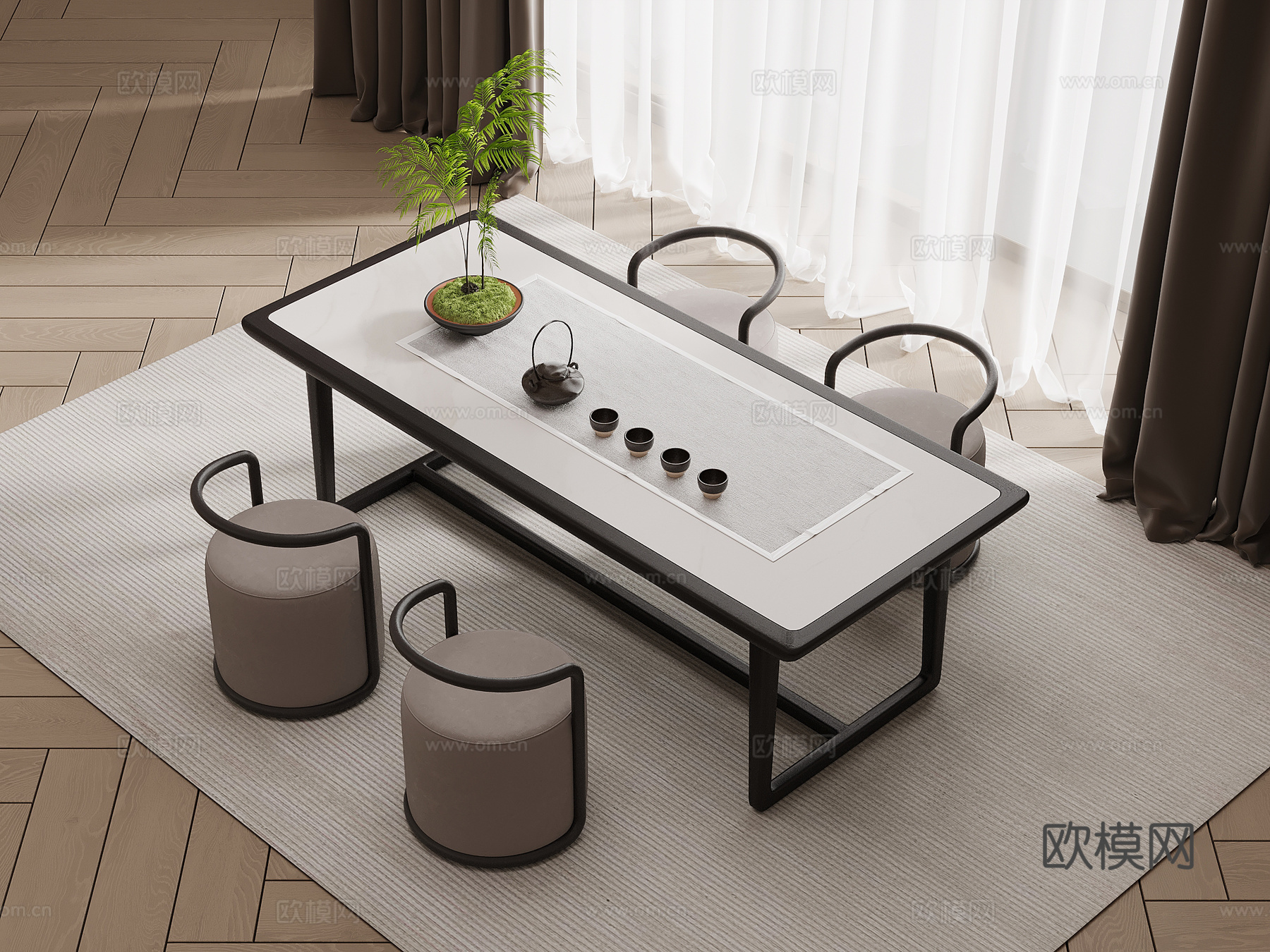 新中式茶桌椅su模型