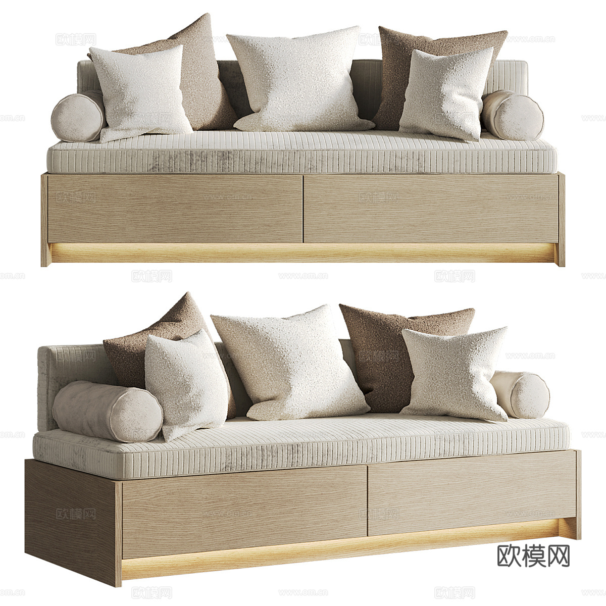 新中式布艺木质飘窗凳3d模型下载（渲染图2）