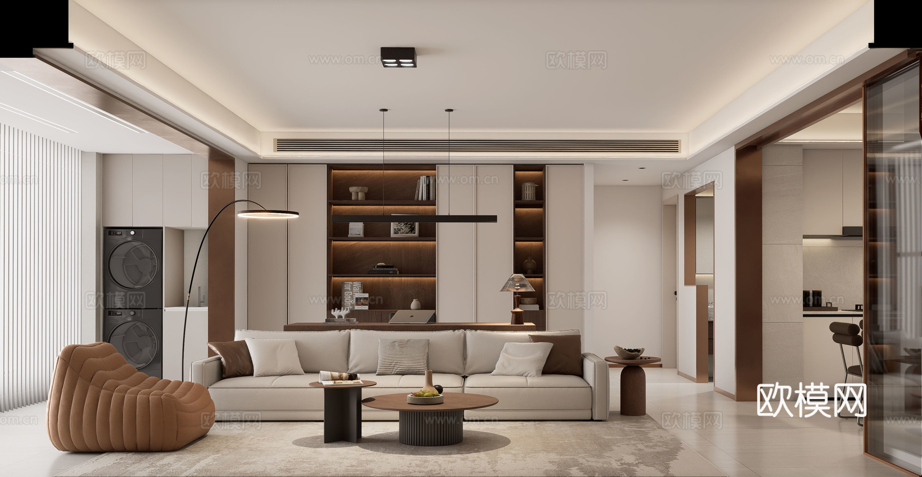 现代意式、极简、客厅、客餐厅、餐厅、开放式厨房su模型