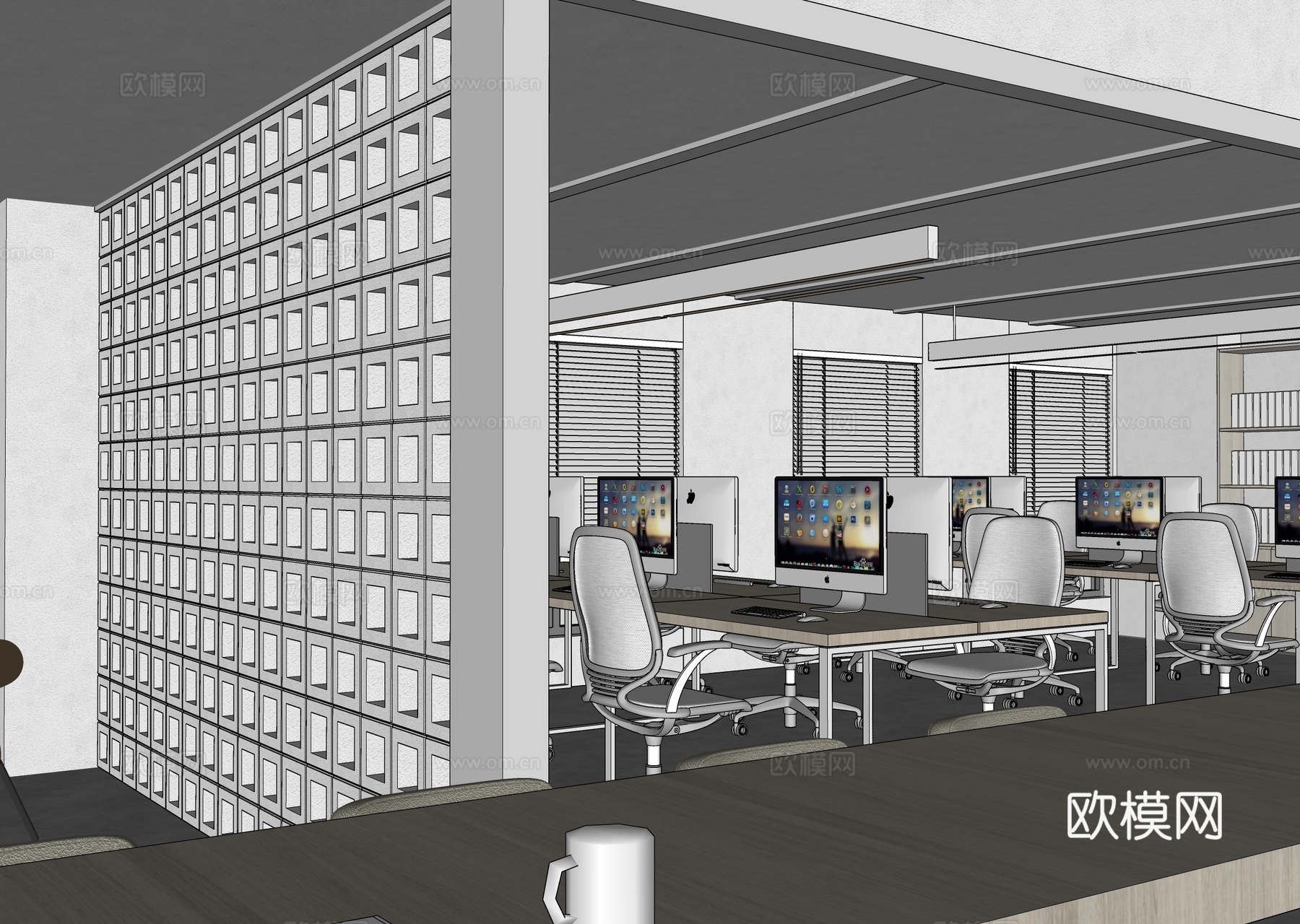 侘寂小型办公室 小型 开放式办公室 办公桌椅组合su模型
