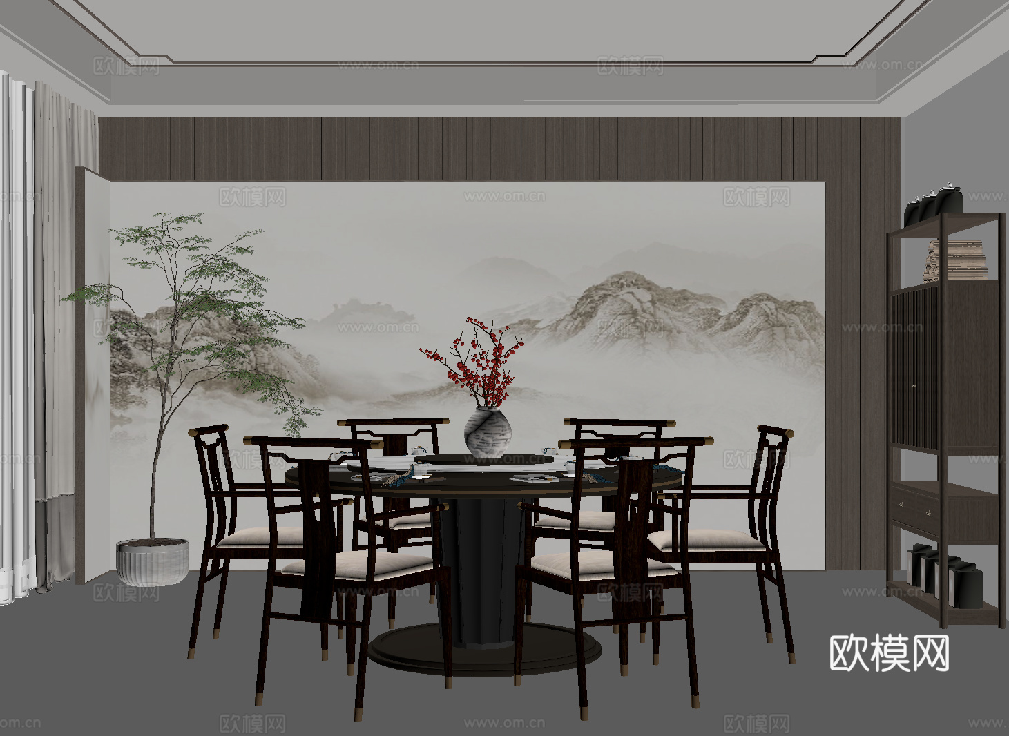 新中式餐厅包间 酒店包厢su模型