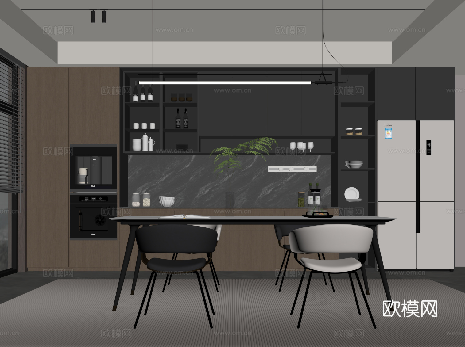 现代意式餐厅 餐桌椅 餐边柜 酒柜su模型