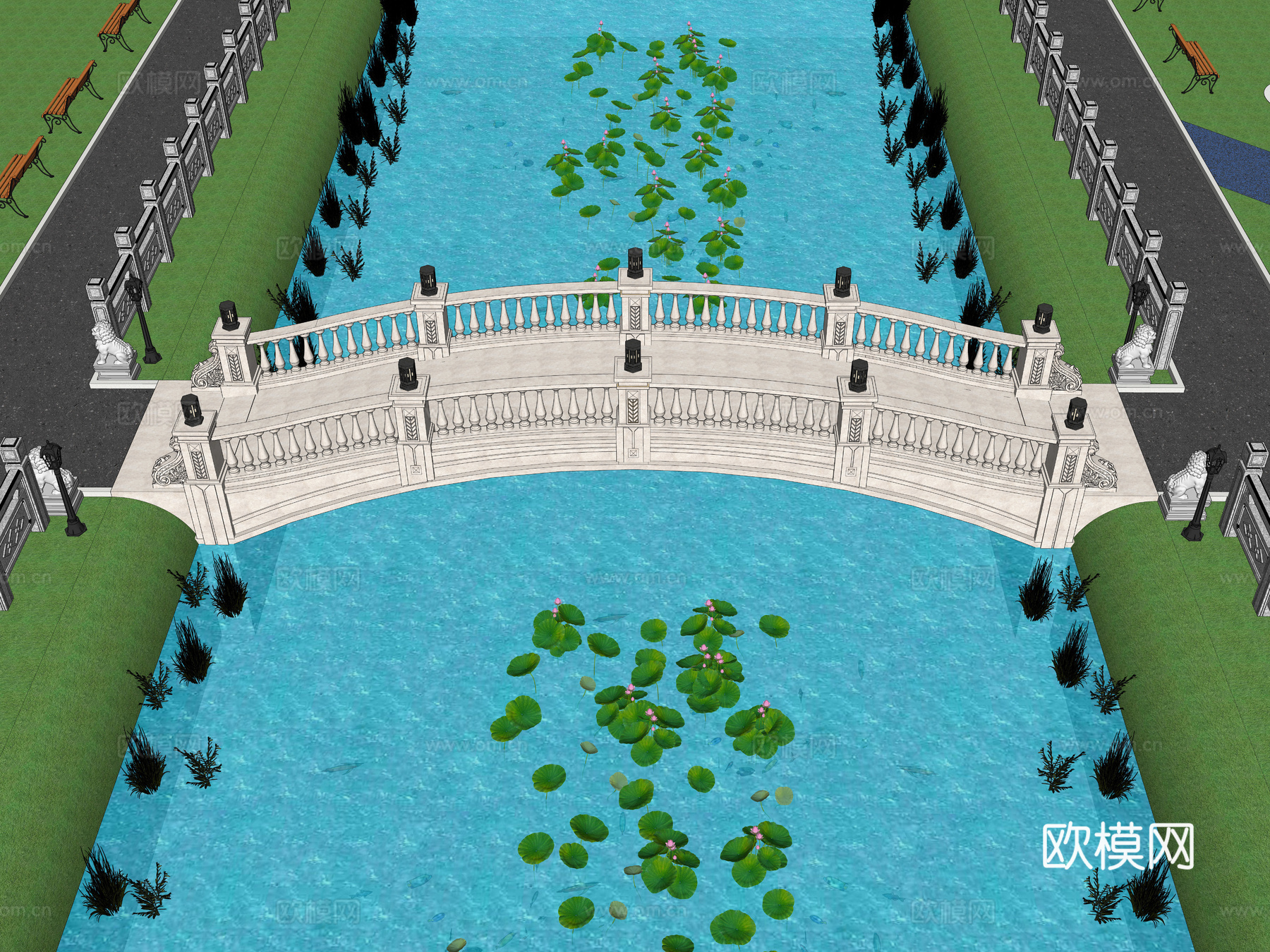 现代公园石拱桥 公园景观桥 公园滨江河道景观桥 公园滨江景观su模型