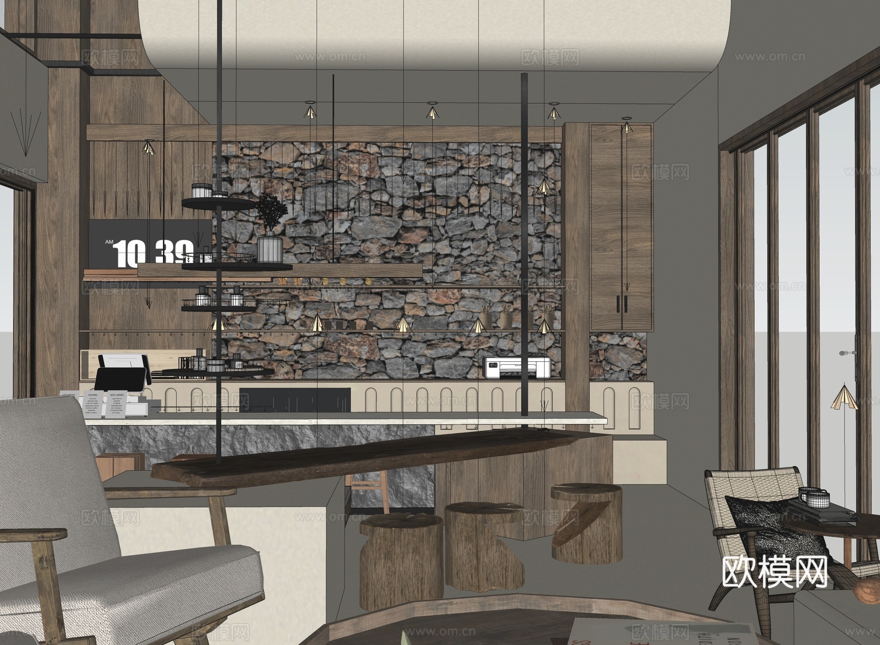 侘寂风民宿接待大厅 吧台 民宿大堂su模型