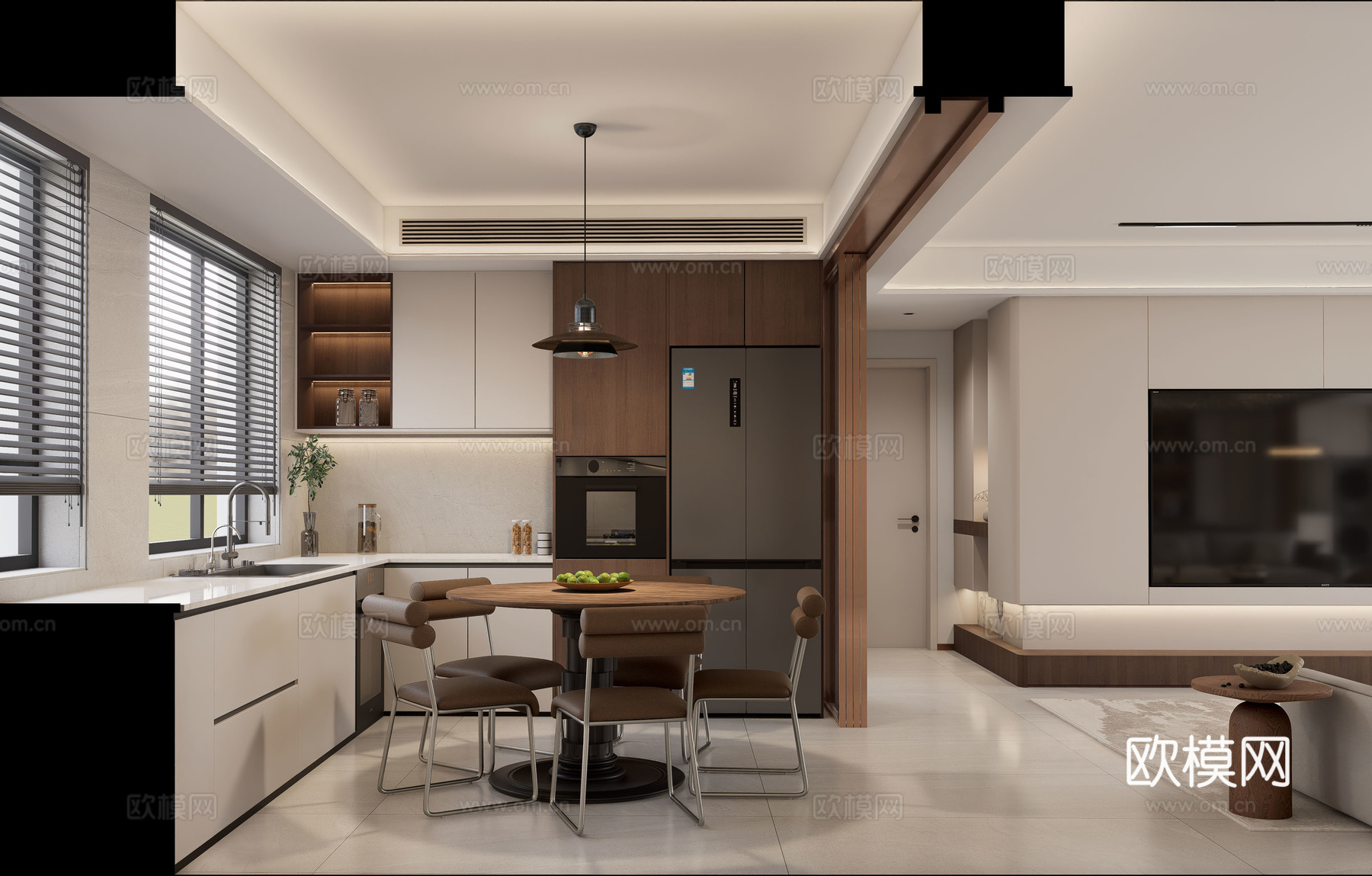现代意式、极简、客厅、客餐厅、餐厅、开放式厨房su模型