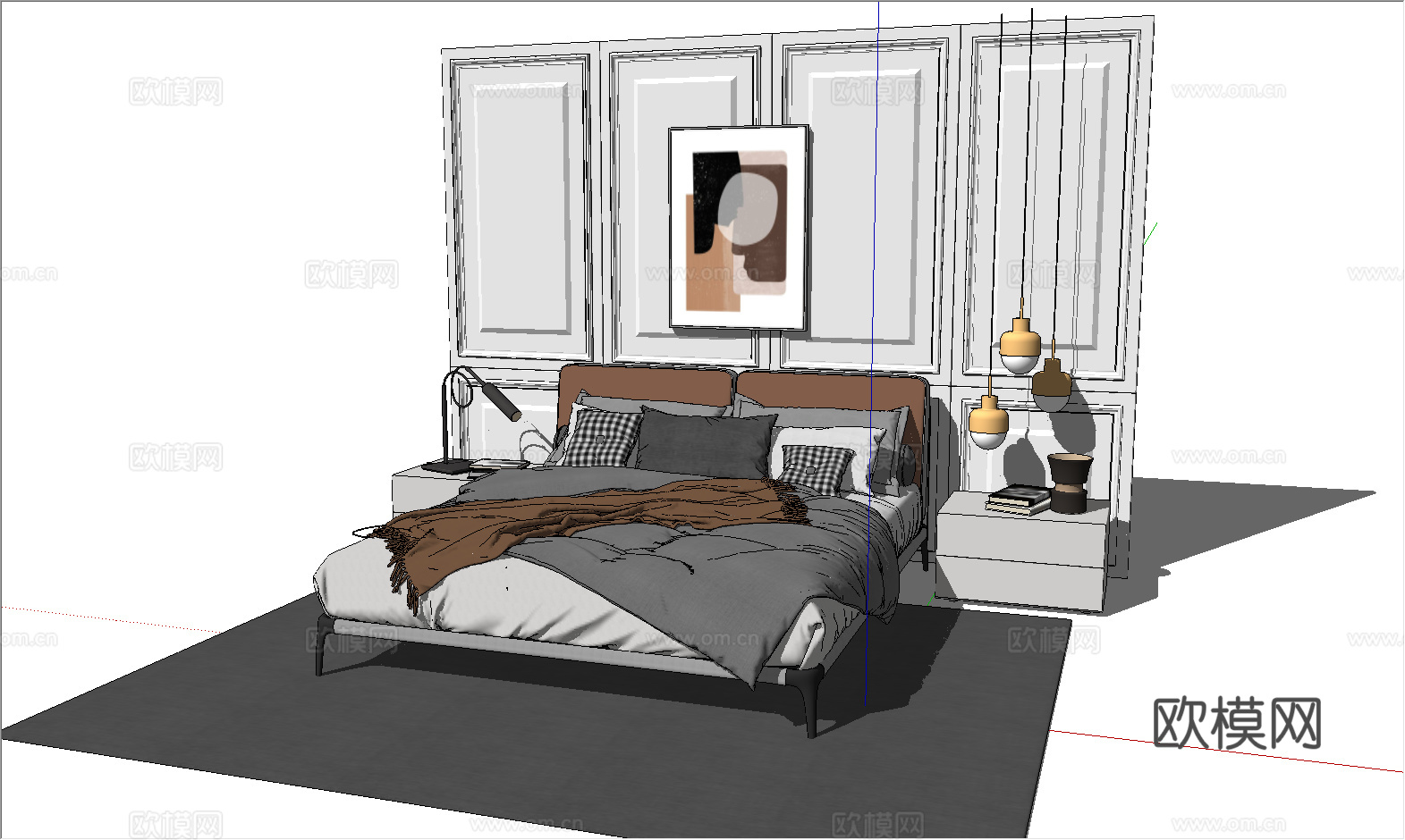 现代风格双人床_床头柜_台灯_雕塑_摆件su模型