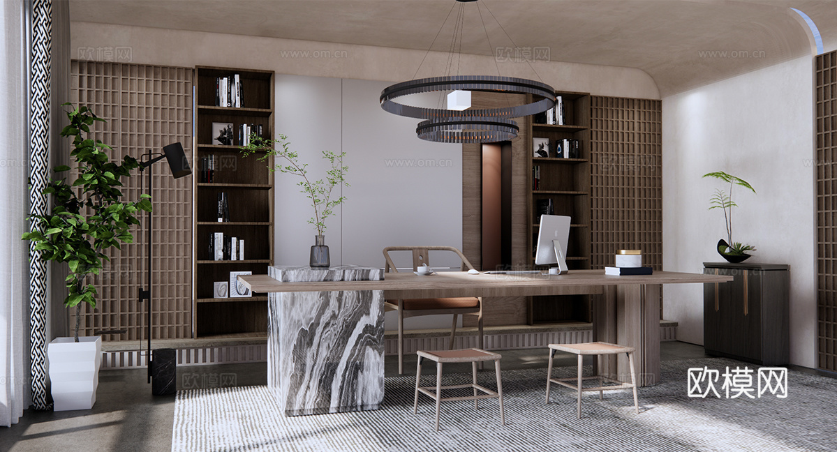 侘寂风经理办公室 办公桌椅 实木家具 书柜 室内盆栽 吊灯su模型