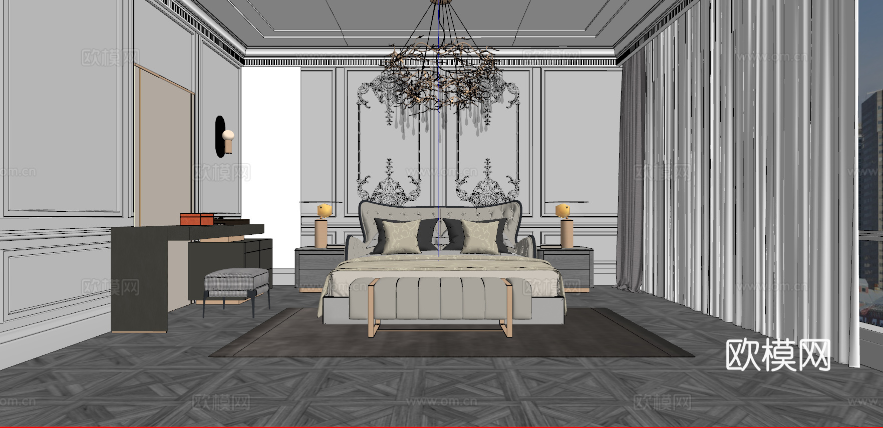 法式风格卧室_双人床_饰品摆件su模型