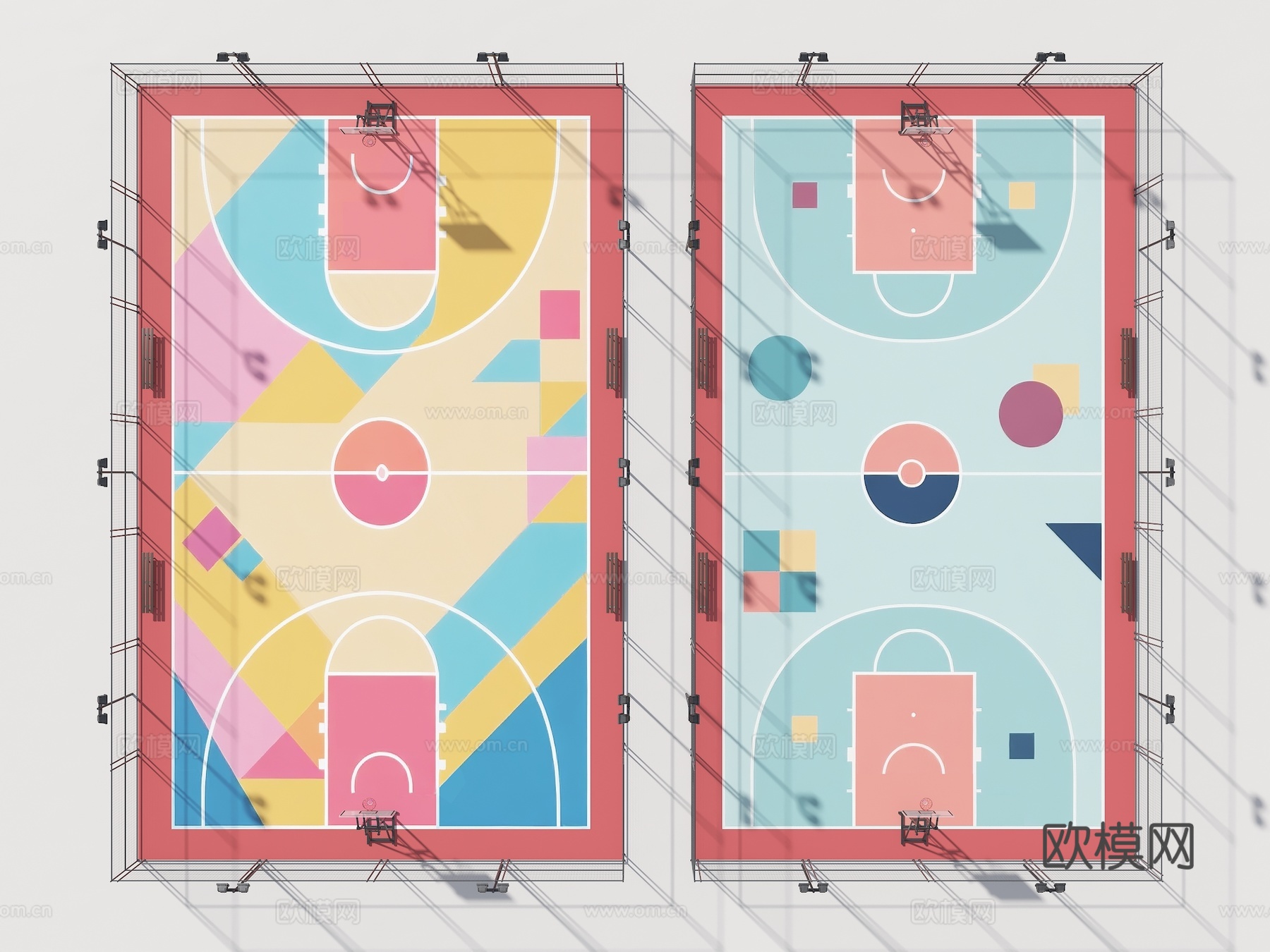 现代户外球场 篮球场 运动场地 半场篮球场 球场灯 铁围 铁su模型