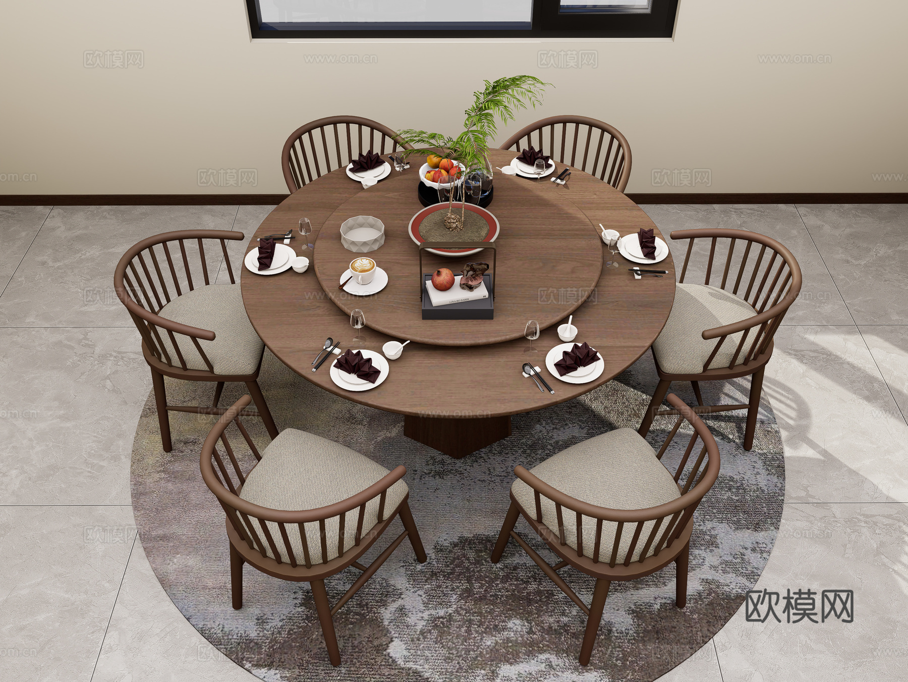 新中式原木餐桌椅 实木圆餐桌椅组合 六人位餐桌椅 原木风餐边su模型