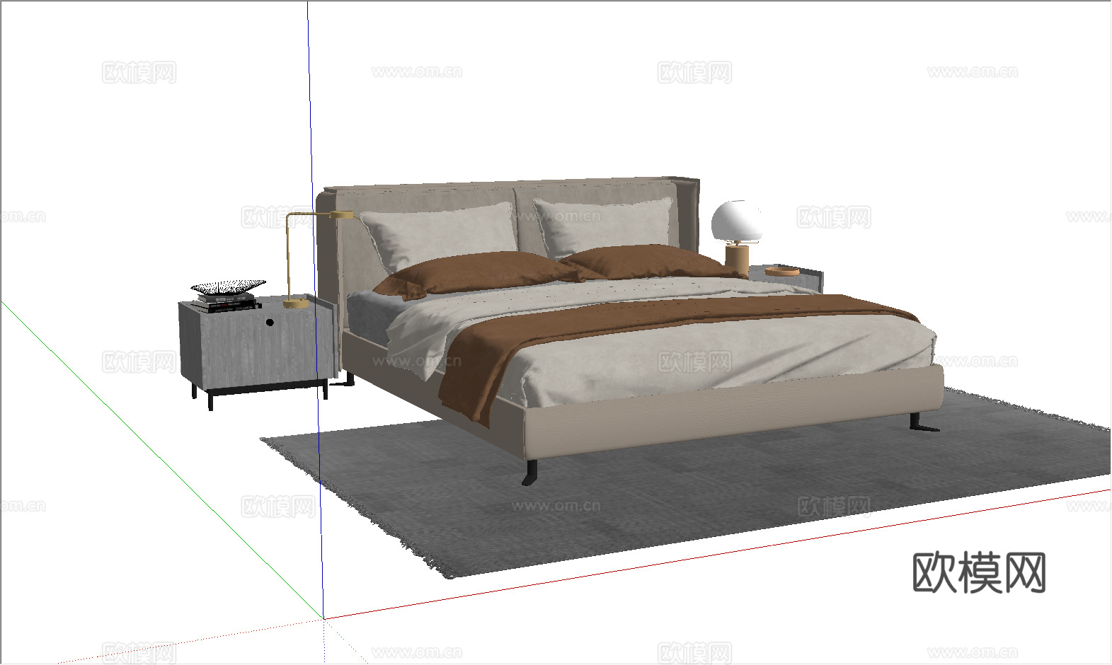 现代双人床_床头柜_植物_雕塑摆件su模型