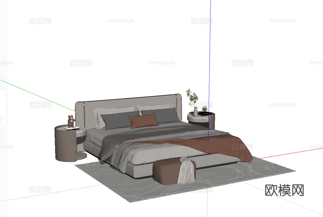 现代双人床_床头柜_植物_雕塑摆件su模型