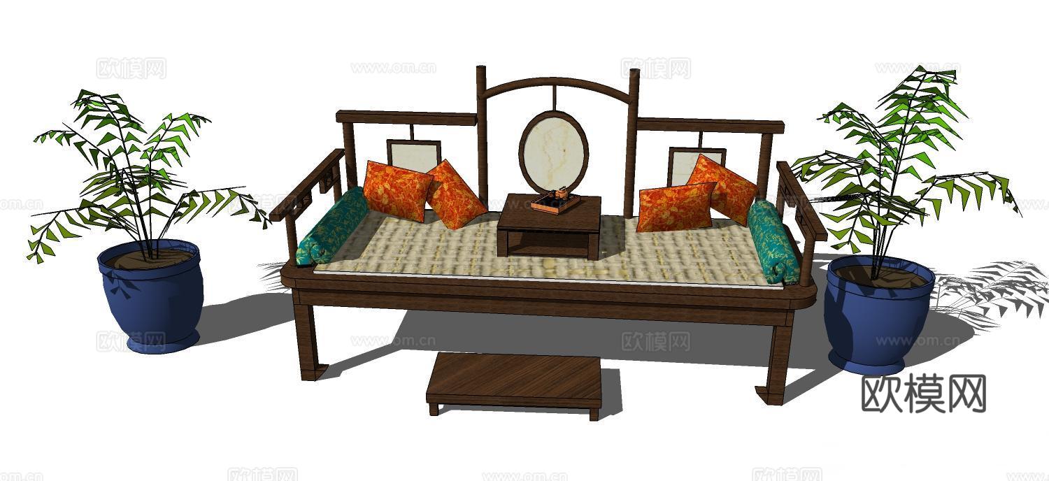 罗汉床 塌 实木床 床 实木罗汉床 沙发床 实木沙发su模型